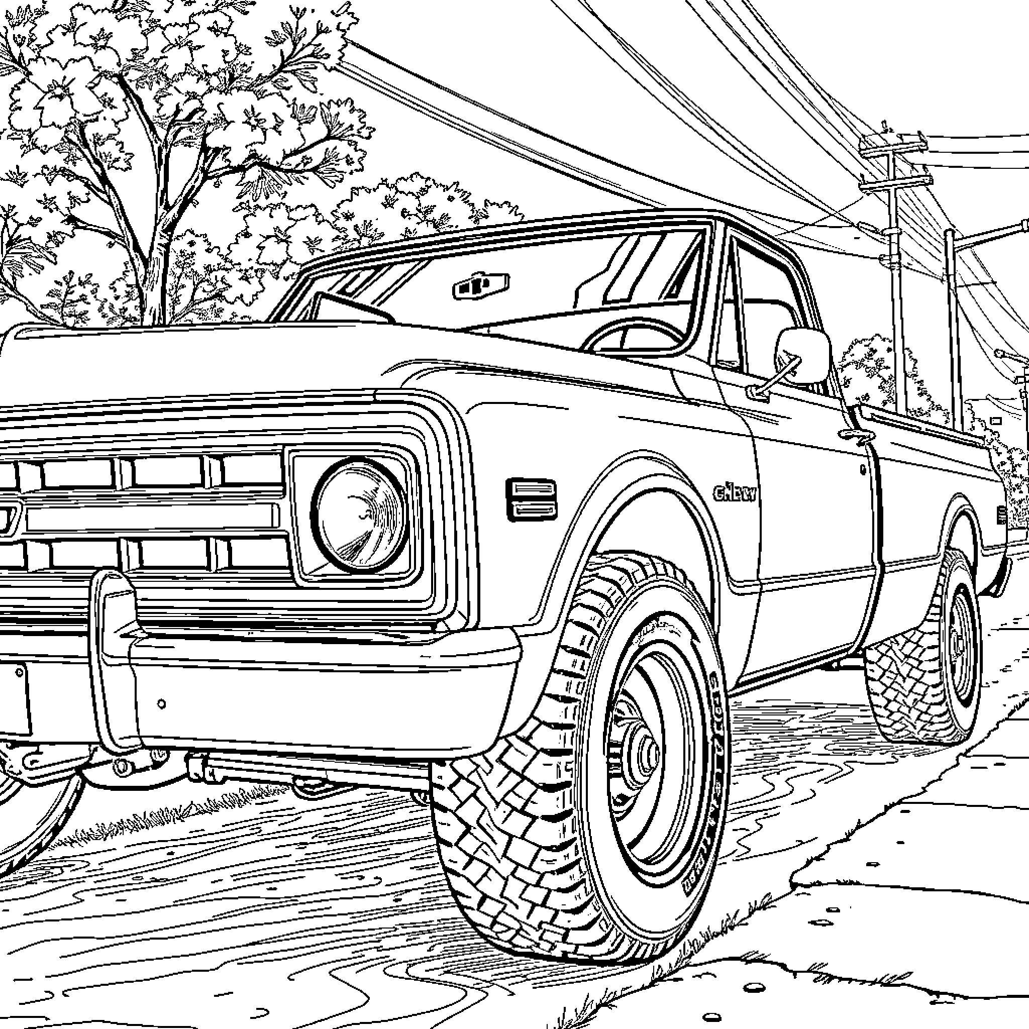 Chevy Truck off-roading in nature Coloring Page (free black-and-white line drawing printable PDF for all, from beginners to advanced learners, including children, teens, adults, and seniors)