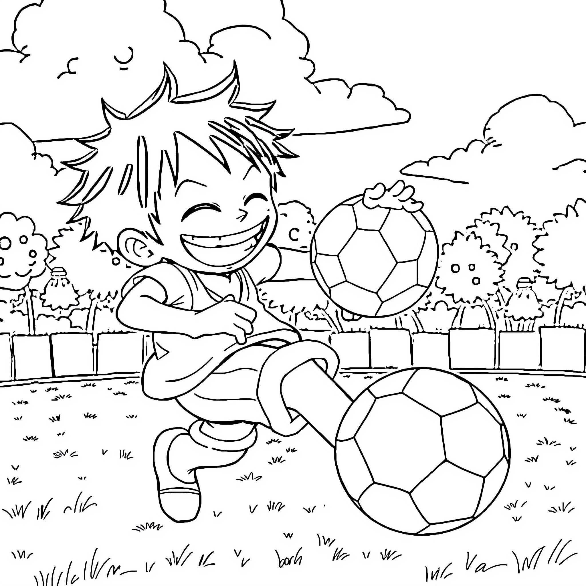Luffy playing joyfully with soccer balls in the park Coloring Page (free black-and-white line drawing printable PDF for all, from beginners to advanced learners, including children, teens, adults, and seniors)