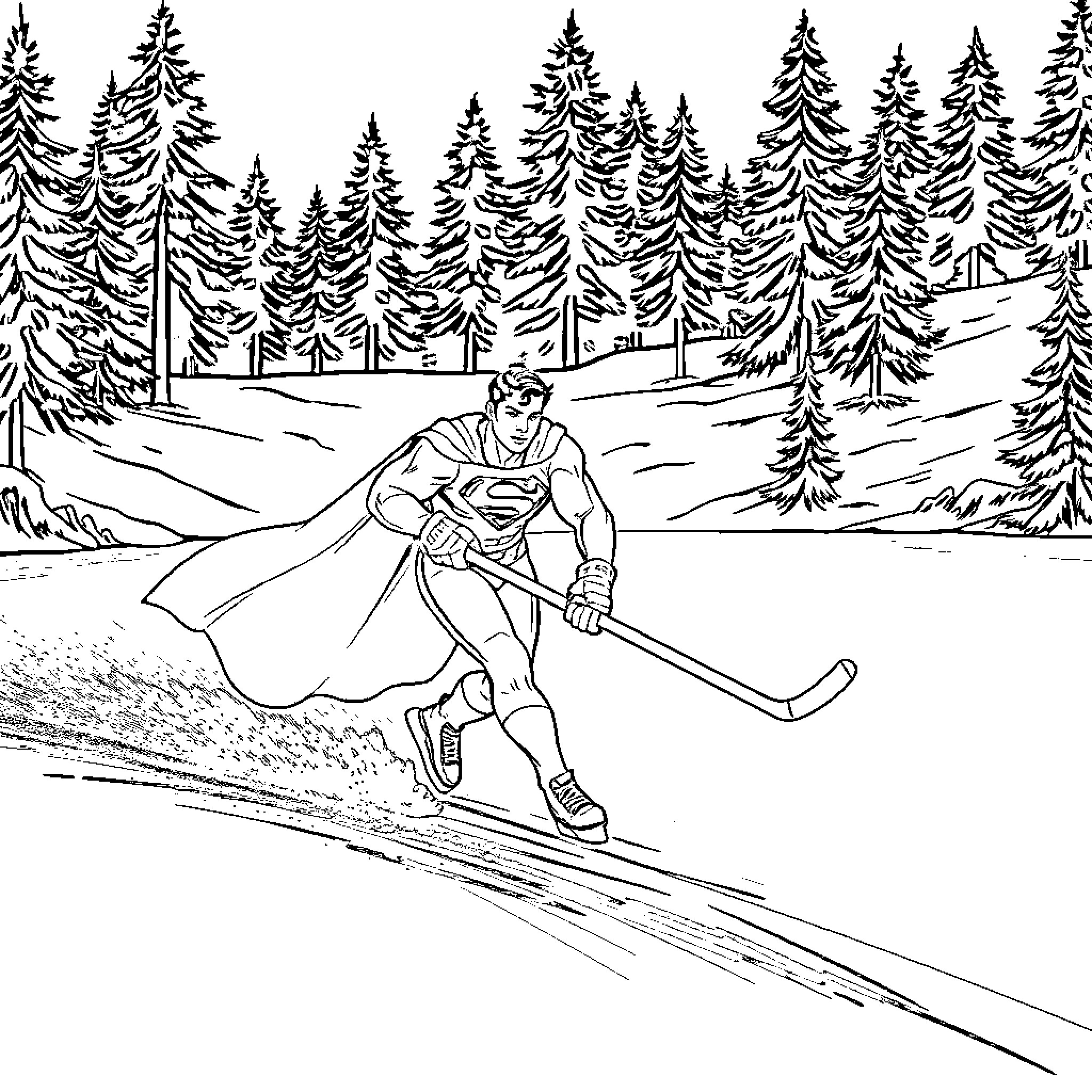 Superman skiing through a snowy forest Coloring Page (free black-and-white line drawing printable PDF for all, from beginners to advanced learners, including children, teens, adults, and seniors)