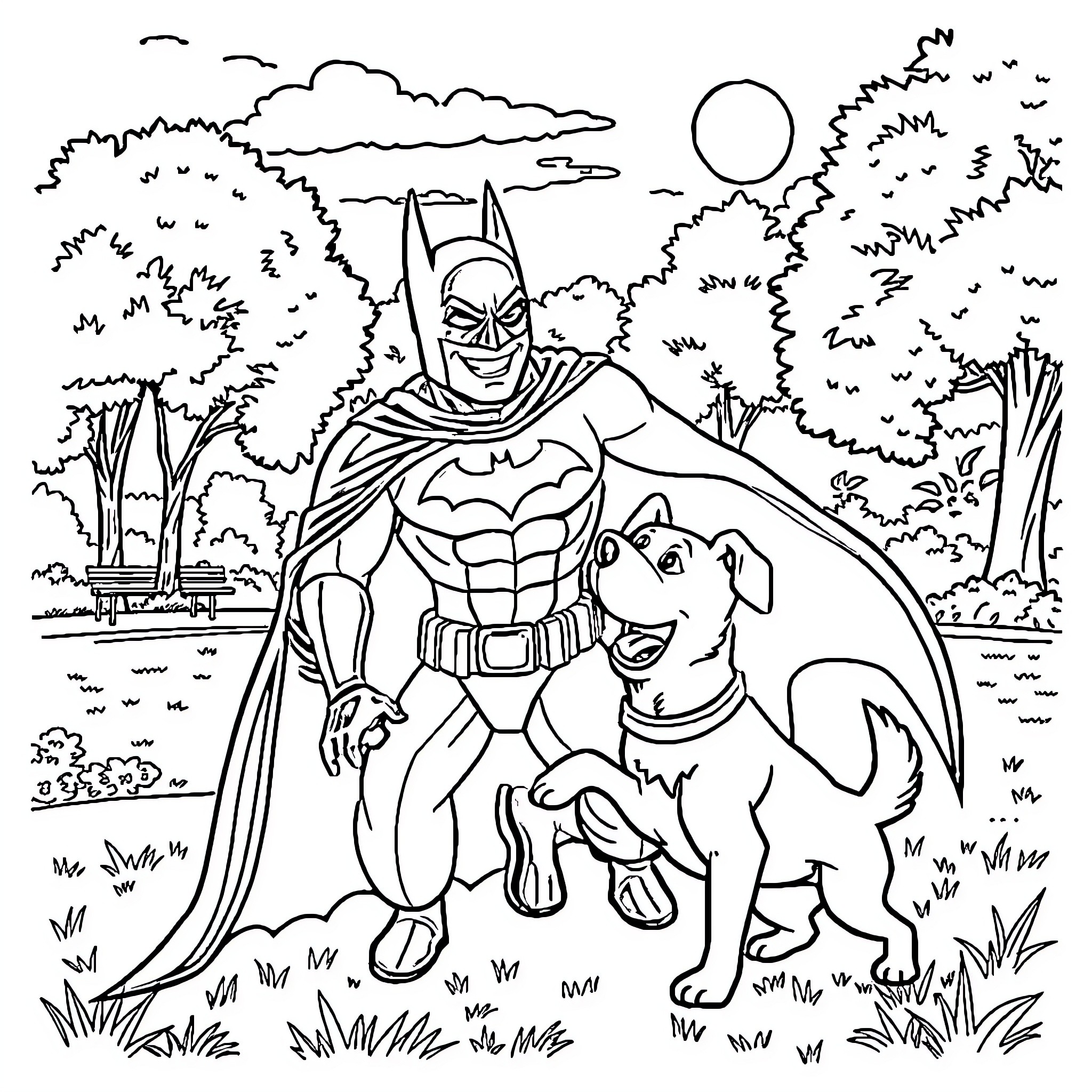 Batman and his Canine Companion in the Outdoors Coloring Page (free black-and-white line drawing printable PDF for all, from beginners to advanced learners, including children, teens, adults, and seniors)