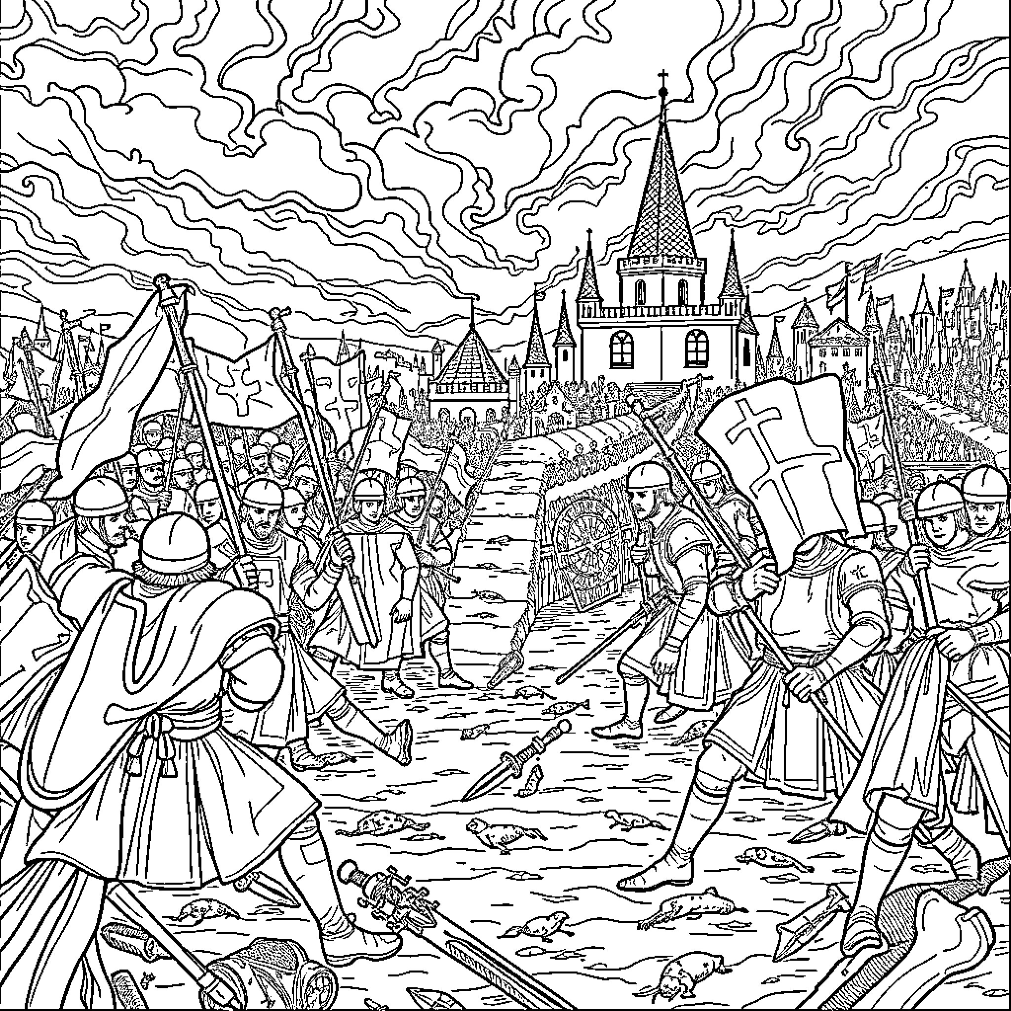 War Siege of a Fortified Castle by Armed Forces Coloring Page (free black-and-white line drawing printable PDF for all, from beginners to advanced learners, including children, teens, adults, and seniors)