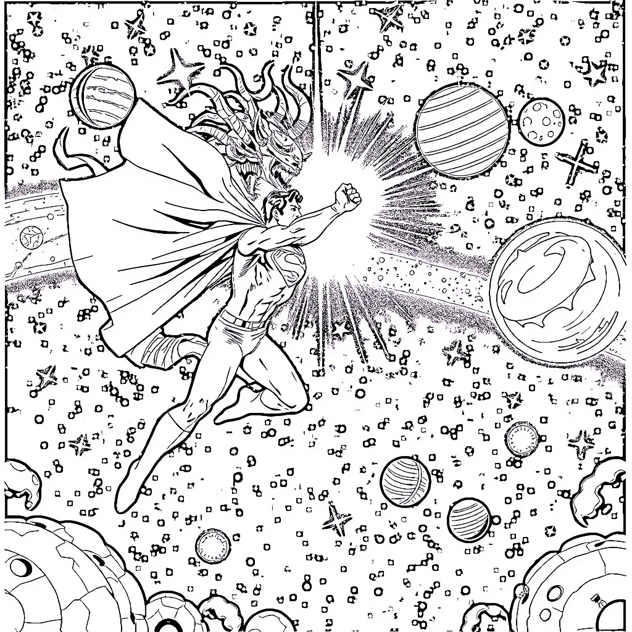 Superman battles cosmic forces in the vast universe Coloring Page (free black-and-white line drawing printable PDF for all, from beginners to advanced learners, including children, teens, adults, and seniors)
