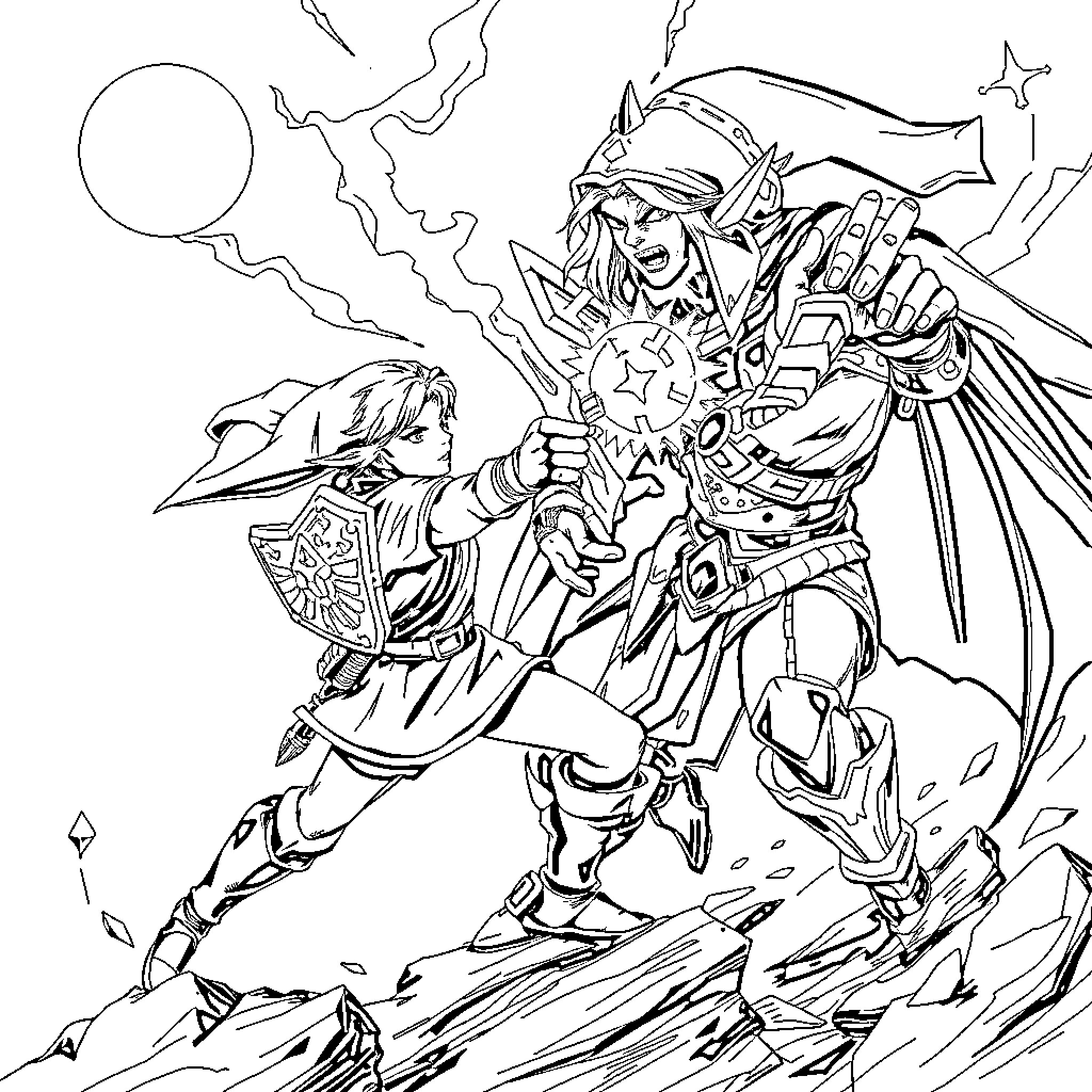 Link's Epic Battle with a Fearsome Foe Coloring Page (free black-and-white line drawing printable PDF for all, from beginners to advanced learners, including children, teens, adults, and seniors)