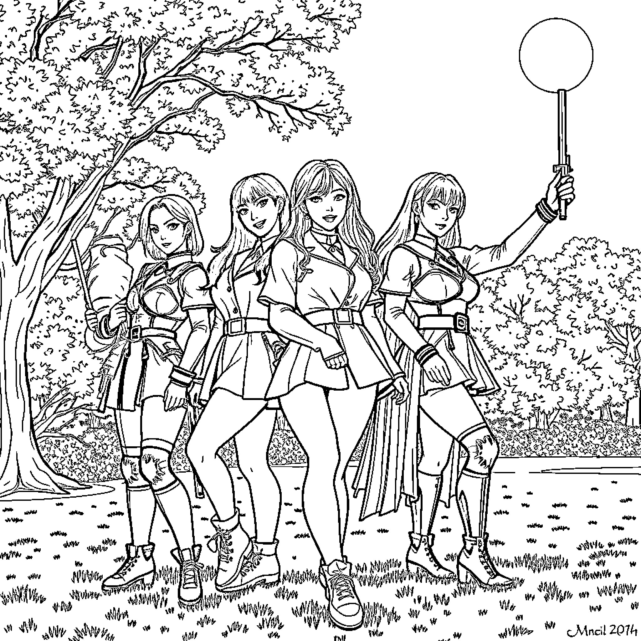 K Pop Warrior Heroines in Empowered Poses Coloring Page (free black-and-white line drawing printable PDF for all, from beginners to advanced learners, including children, teens, adults, and seniors)