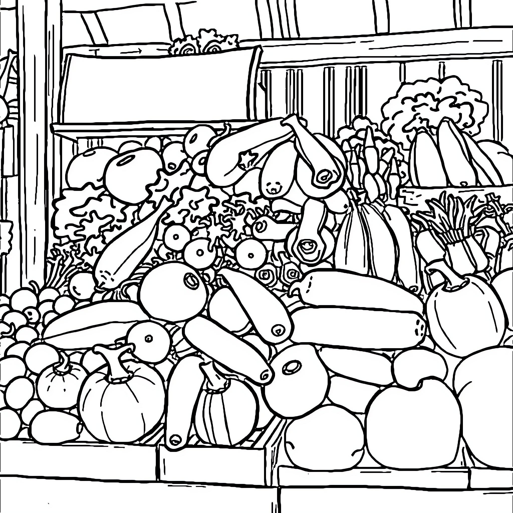 Vegetable assortment on shelves in a market Coloring Page (free black-and-white line drawing printable PDF for all, from beginners to advanced learners, including children, teens, adults, and seniors)