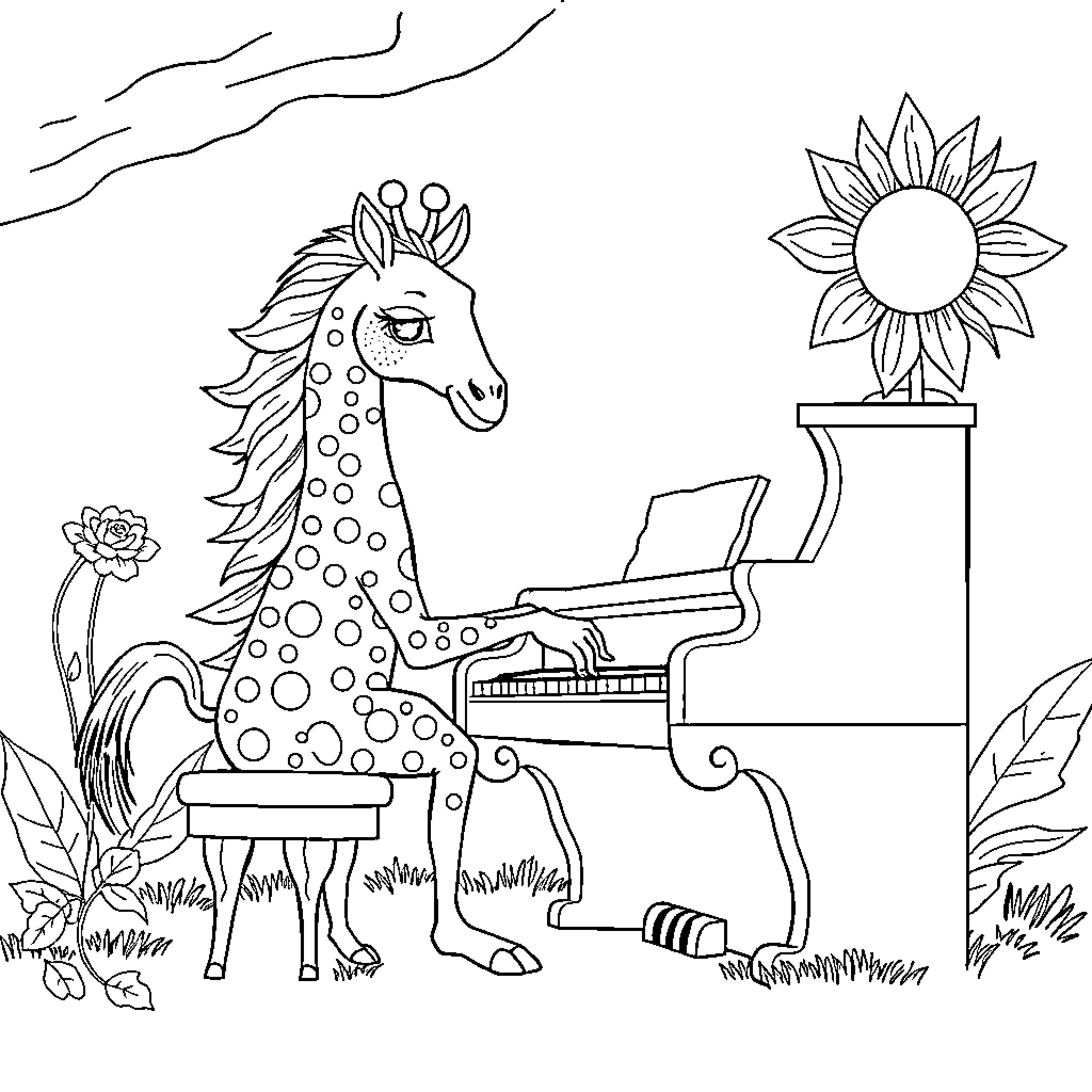Sunflower and giraffe playing music on a sunny day Coloring Page (free black-and-white line drawing printable PDF for all, from beginners to advanced learners, including children, teens, adults, and seniors)