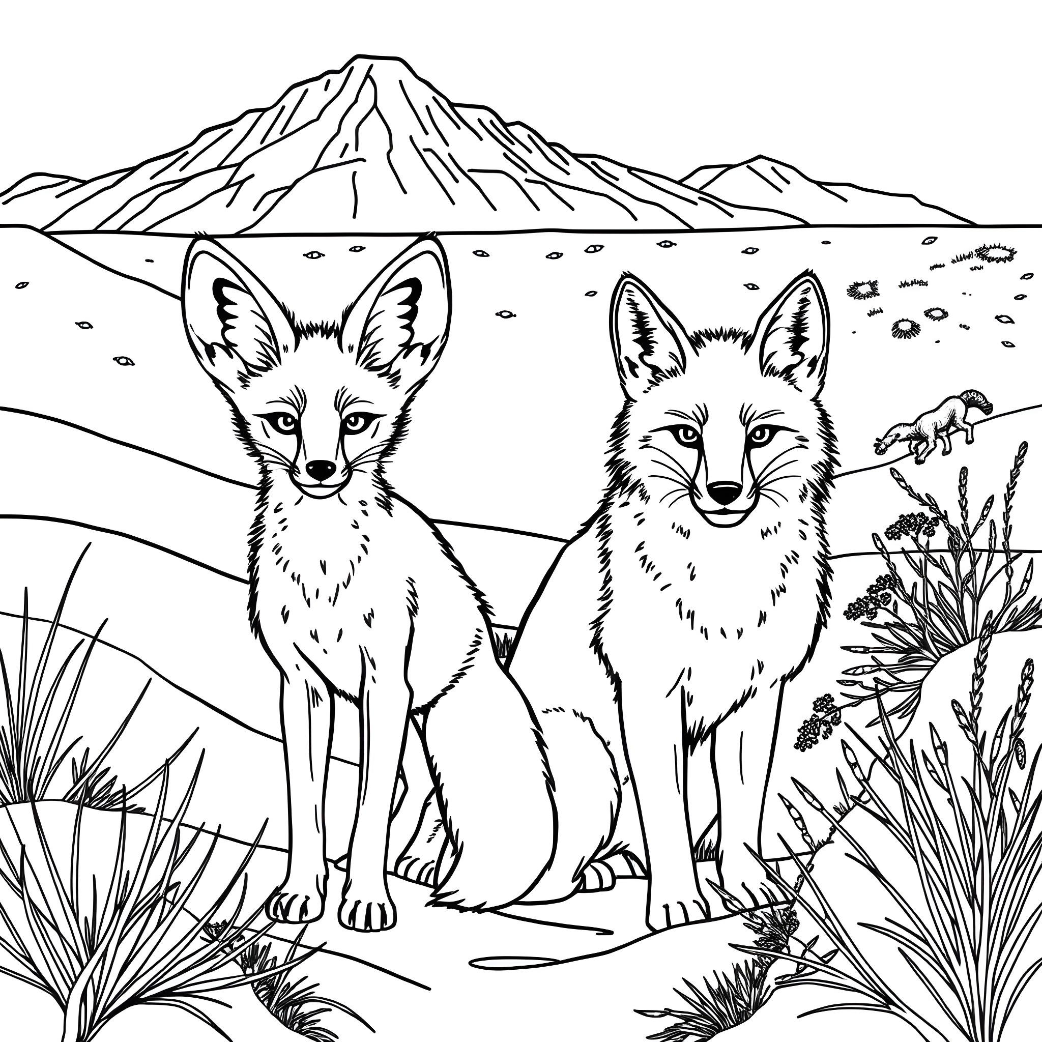 Fox Duo Sitting Amidst Wilderness Landscape Coloring Page (free black-and-white line drawing printable PDF for all, from beginners to advanced learners, including children, teens, adults, and seniors)