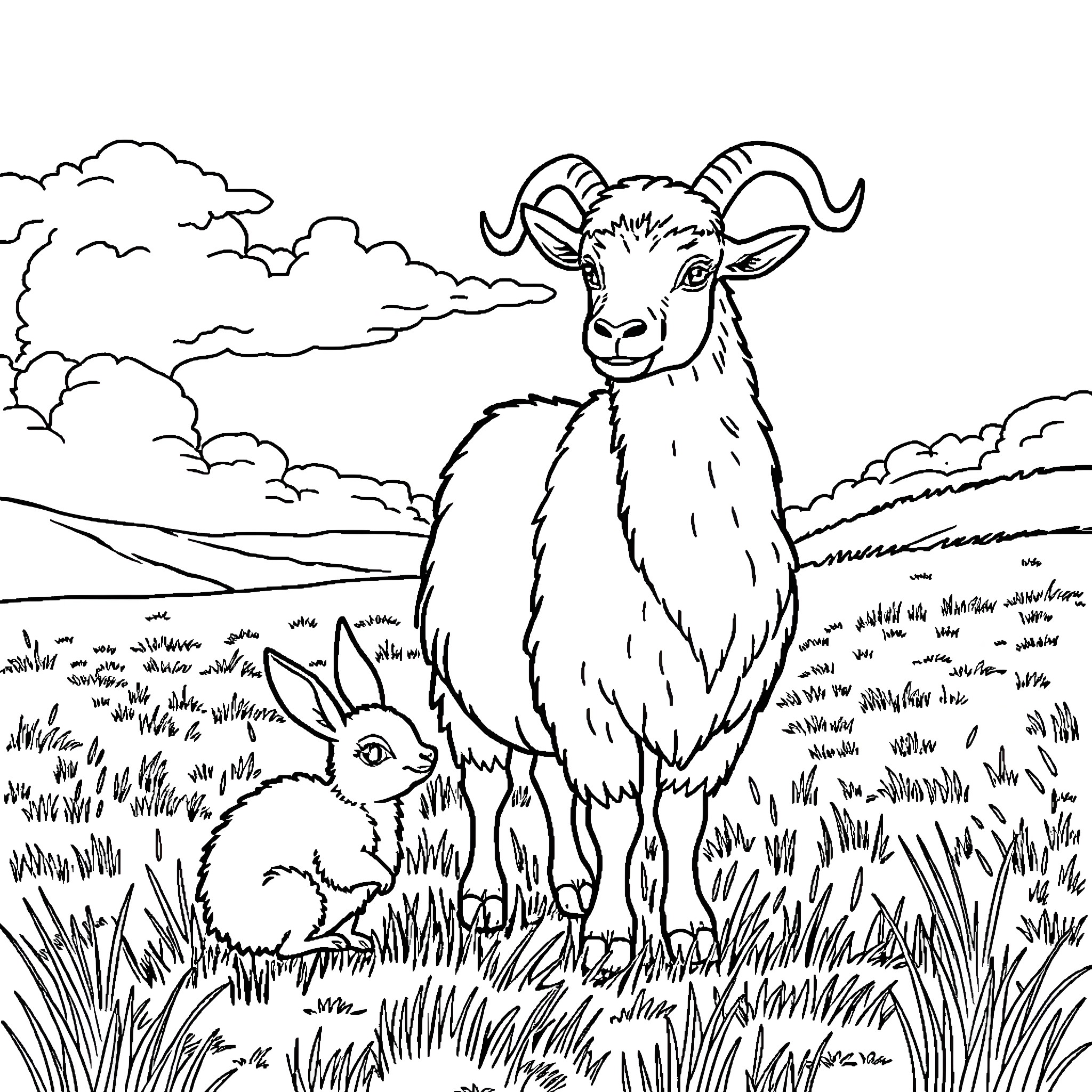 Rabbit and goat grazing peacefully in the meadow Coloring Page (free black-and-white line drawing printable PDF for all, from beginners to advanced learners, including children, teens, adults, and seniors)