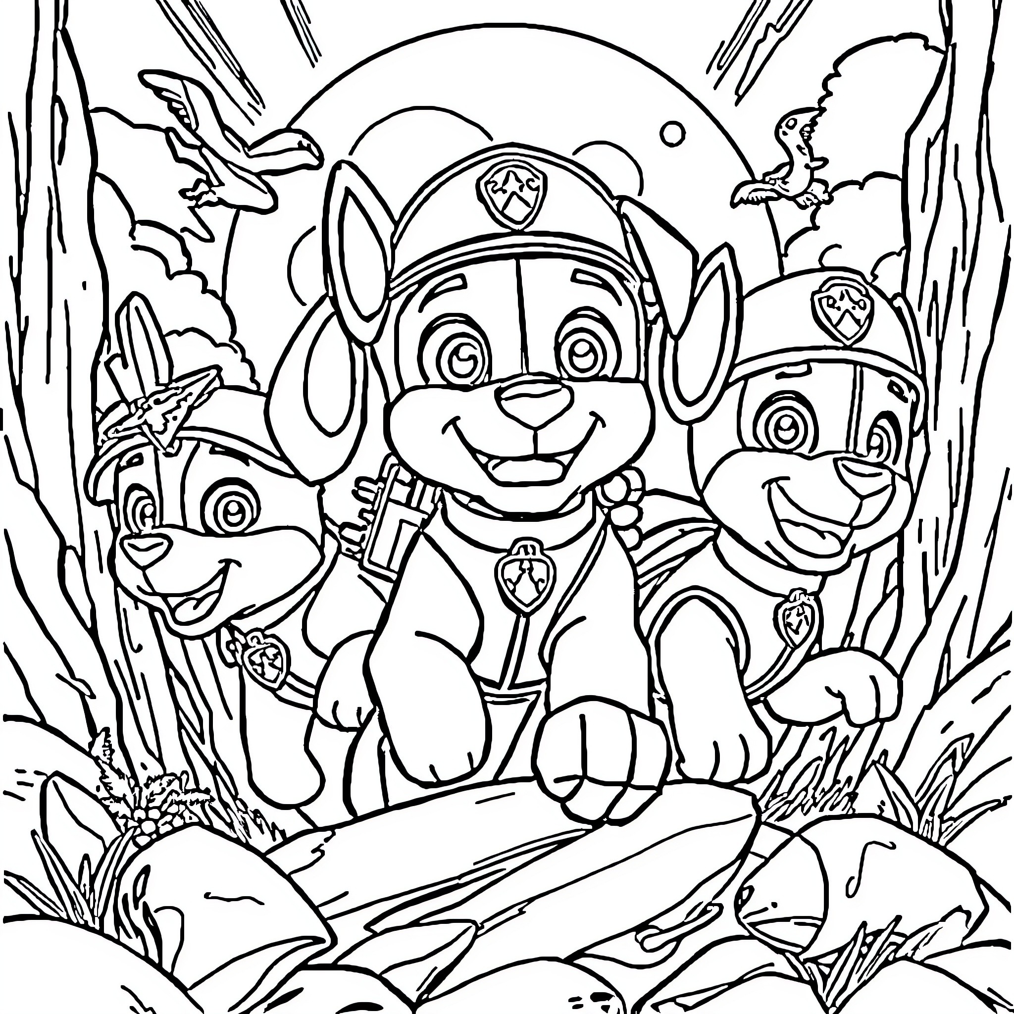 Pup Patrol Exploring the Wilderness Coloring Page (free black-and-white line drawing printable PDF for all, from beginners to advanced learners, including children, teens, adults, and seniors)