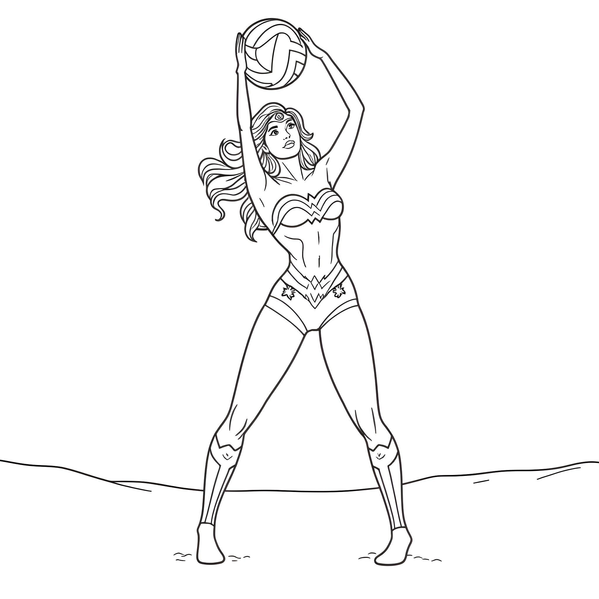 Wonder Woman in action pose with sword and shield Coloring Page (free black-and-white line drawing printable PDF for all, from beginners to advanced learners, including children, teens, adults, and seniors)