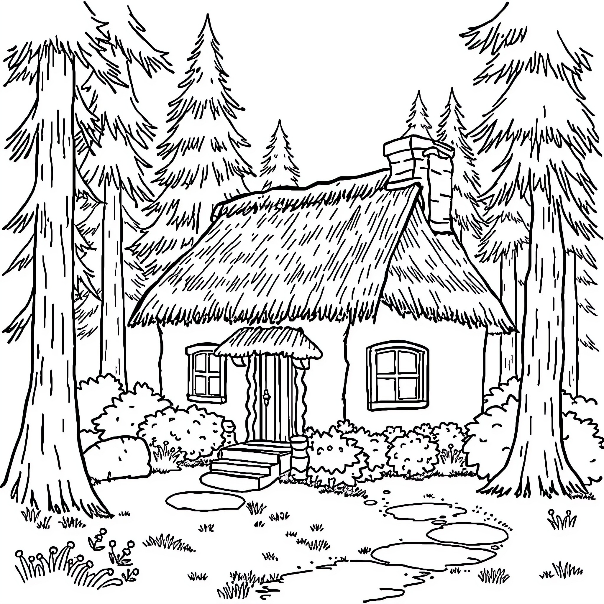 Cottage in a Peaceful Forest Landscape Coloring Page (free black-and-white line drawing printable PDF for all, from beginners to advanced learners, including children, teens, adults, and seniors)