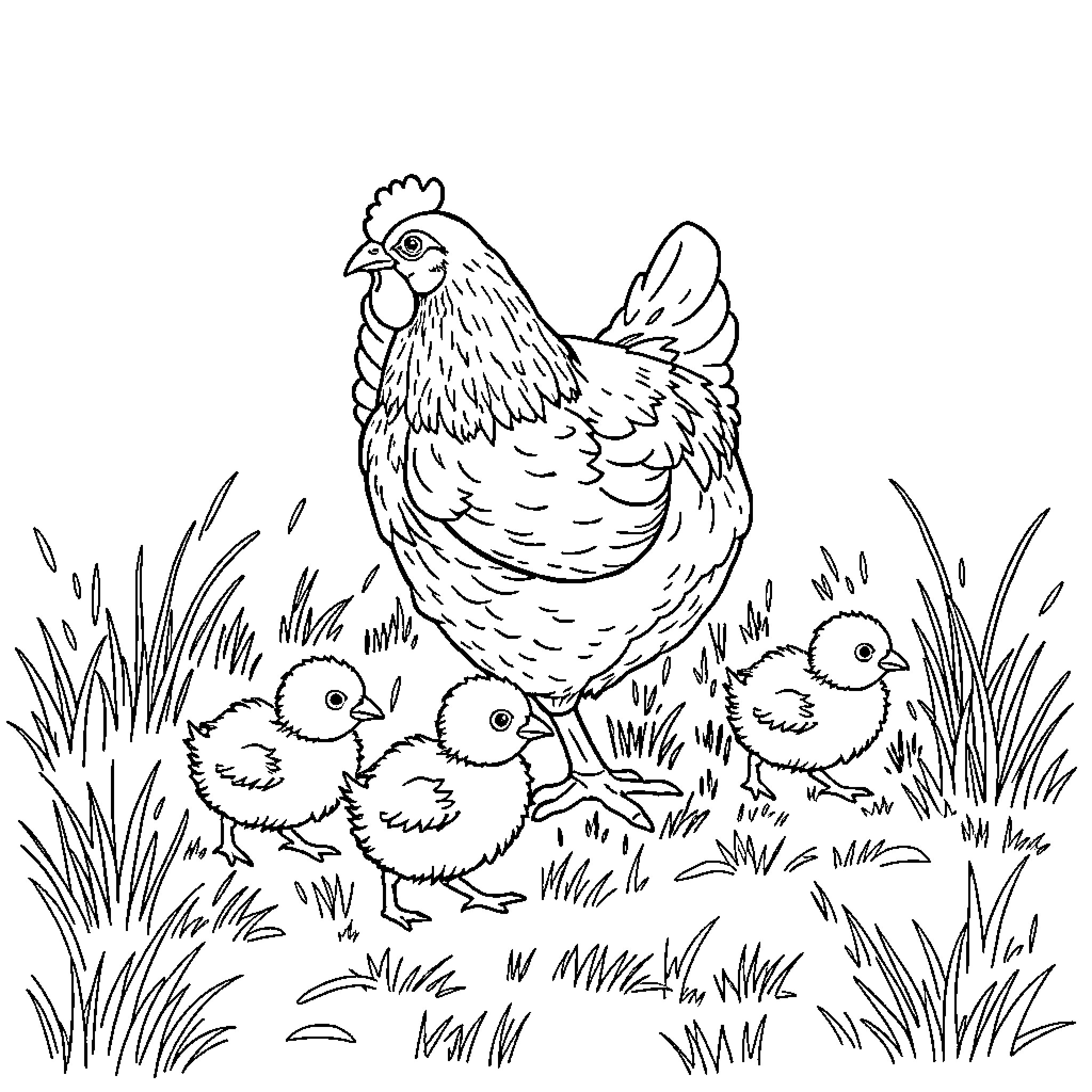 Hen and her chicks in the meadow Coloring Page (free black-and-white line drawing printable PDF for all, from beginners to advanced learners, including children, teens, adults, and seniors)