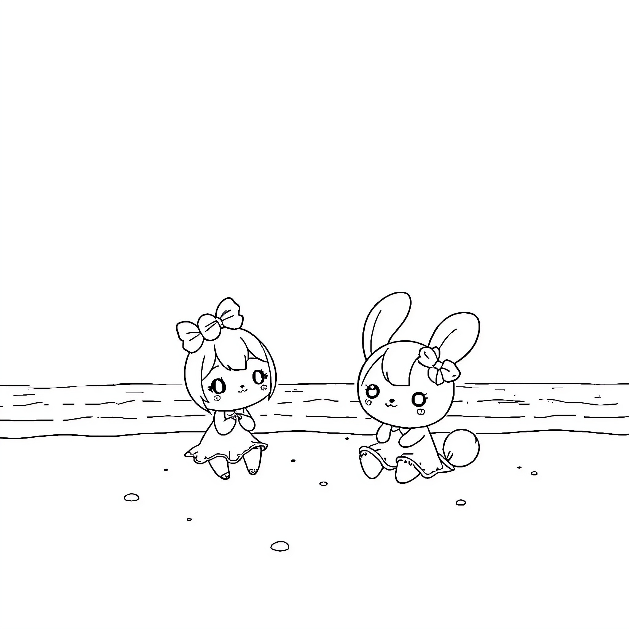 Kuromi and a bunny friend enjoying the outdoors Coloring Page (free black-and-white line drawing printable PDF for all, from beginners to advanced learners, including children, teens, adults, and seniors)