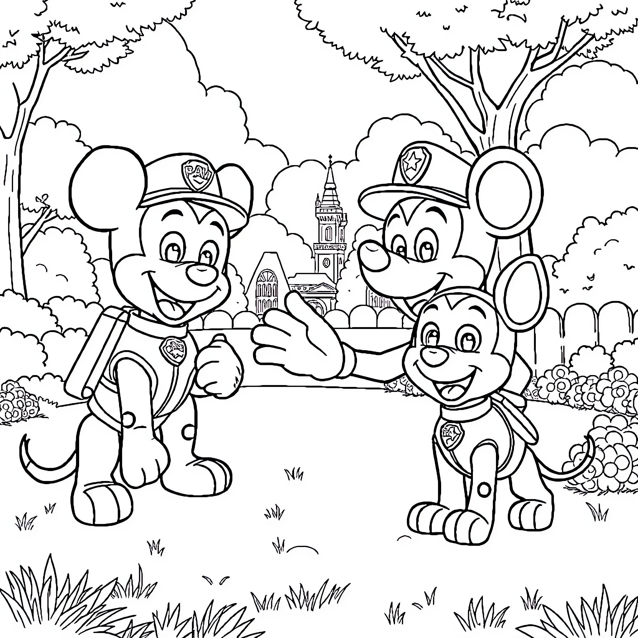 Paw Patrol characters in an outdoor setting Coloring Page (free black-and-white line drawing printable PDF for all, from beginners to advanced learners, including children, teens, adults, and seniors)