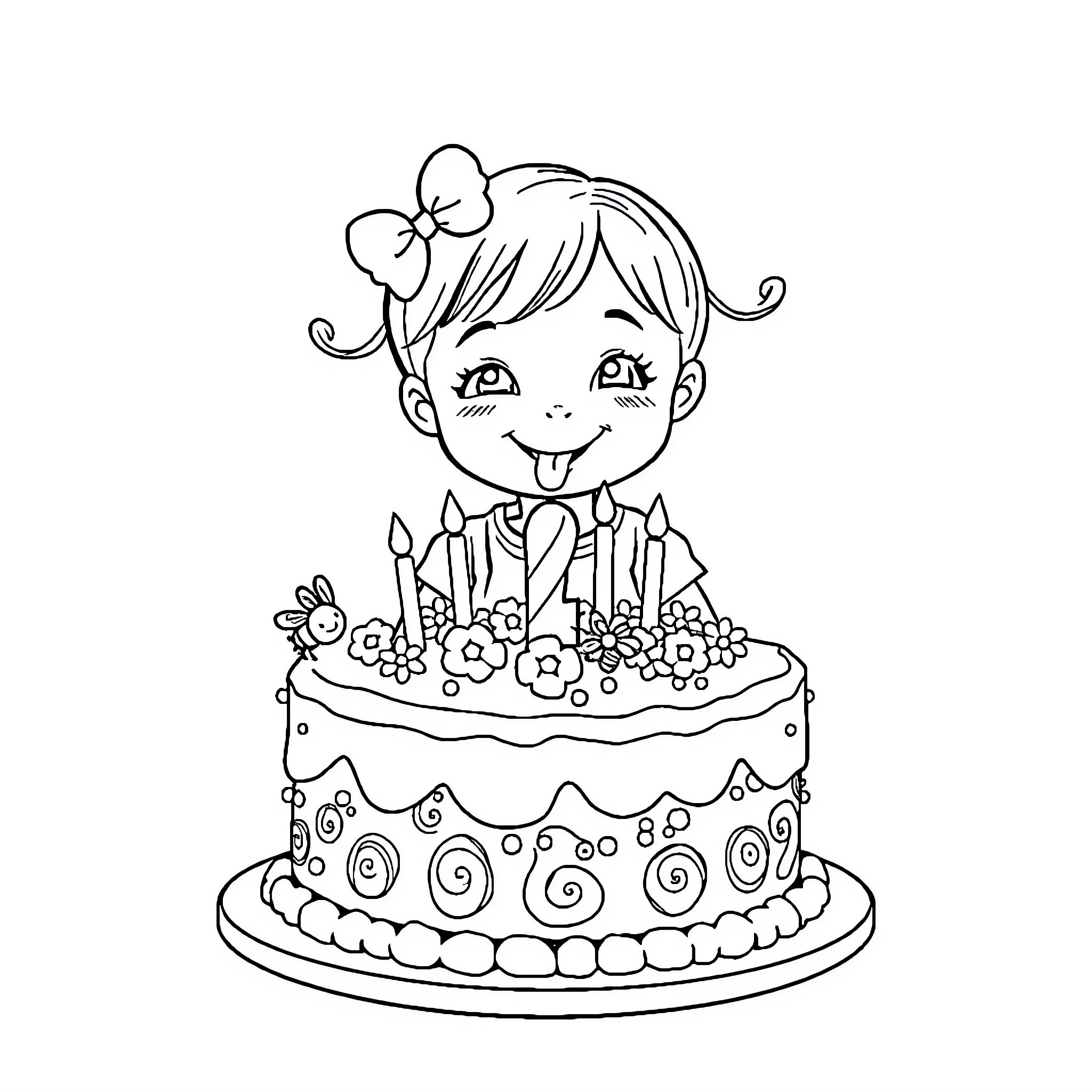 Bebe's Festive Birthday Celebration Coloring Page (free black-and-white line drawing printable PDF for all, from beginners to advanced learners, including children, teens, adults, and seniors)