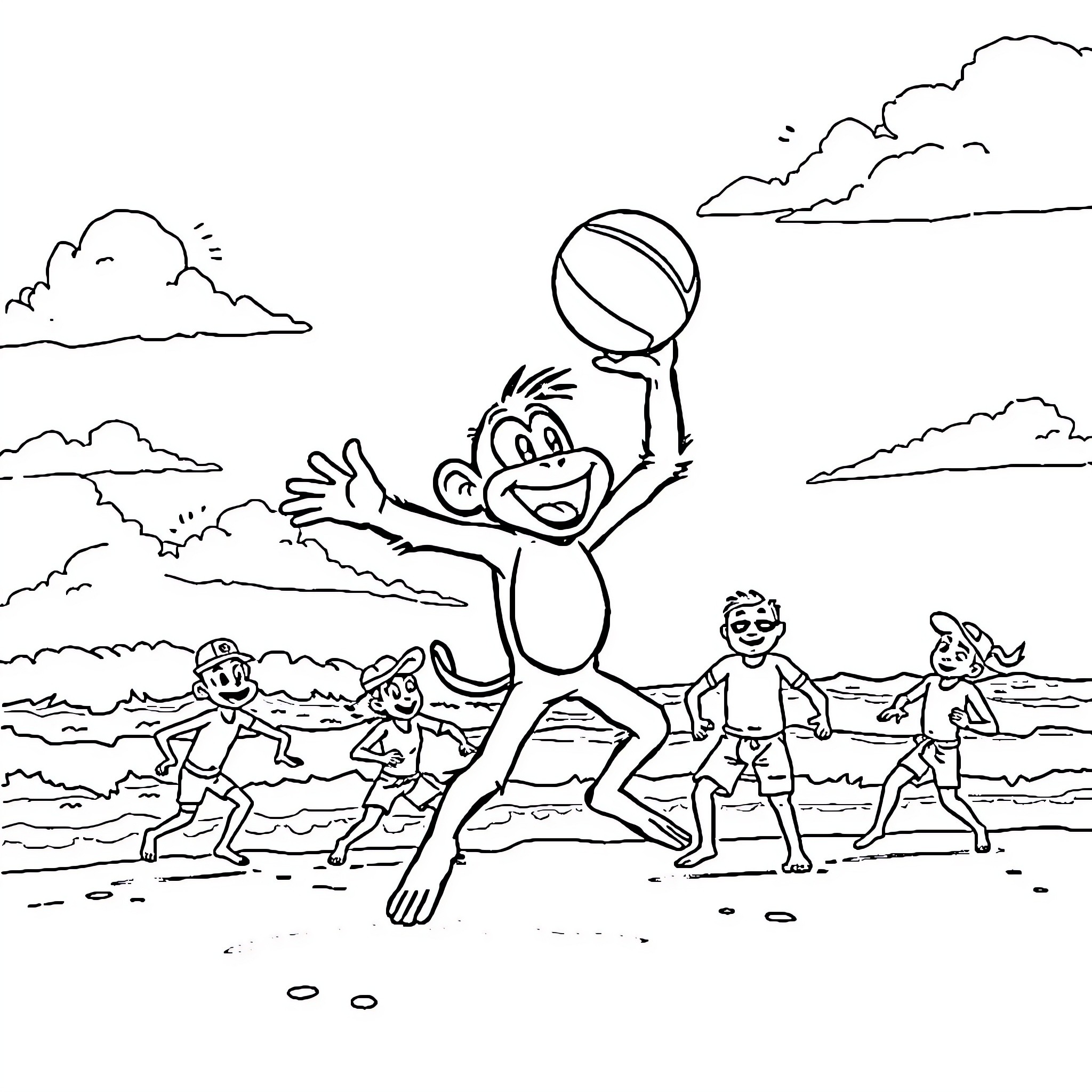 Monkey D. Ruffy playing with friends on the beach Coloring Page (free black-and-white line drawing printable PDF for all, from beginners to advanced learners, including children, teens, adults, and seniors)