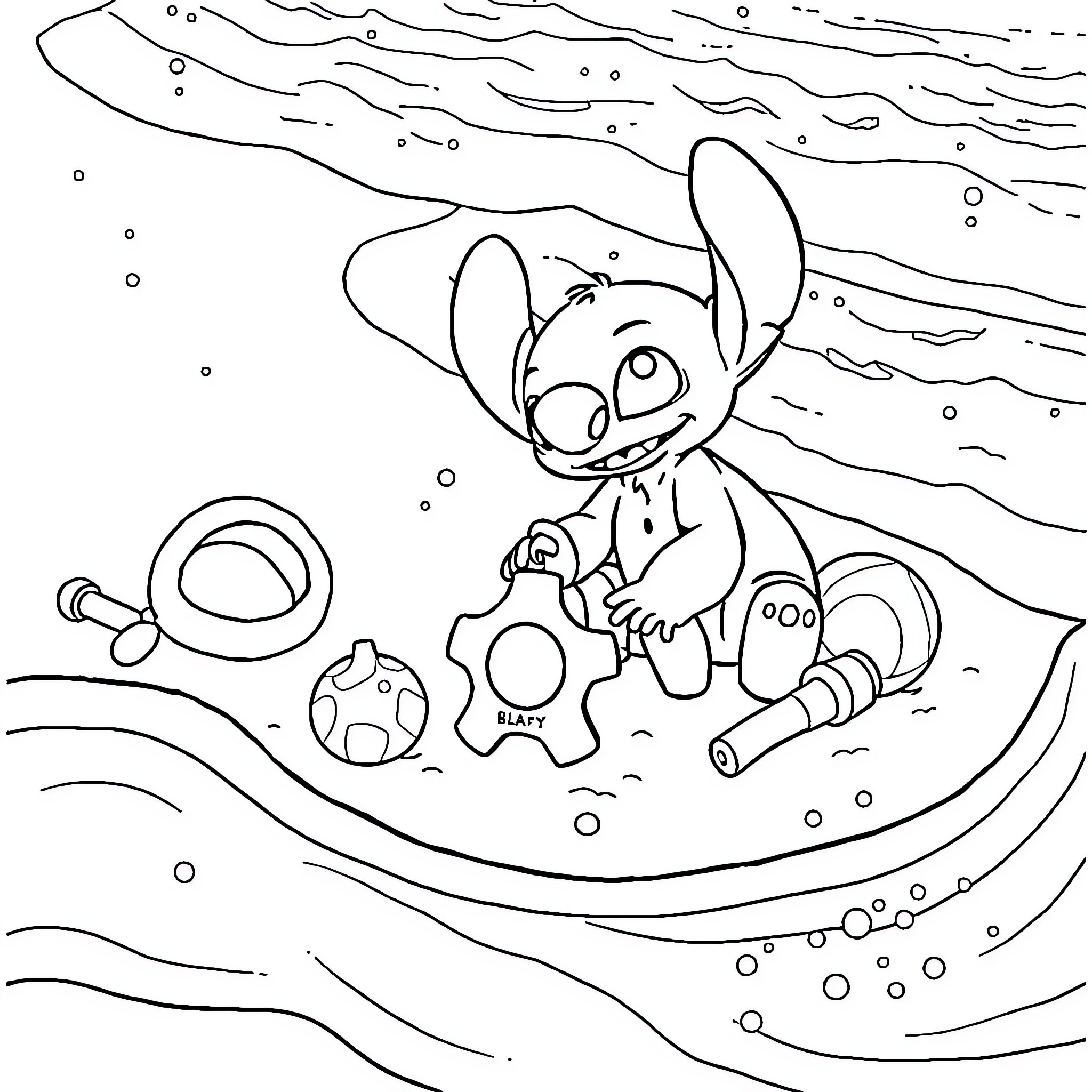 Stitch playing with beach toys in the waves Coloring Page (free black-and-white line drawing printable PDF for all, from beginners to advanced learners, including children, teens, adults, and seniors)