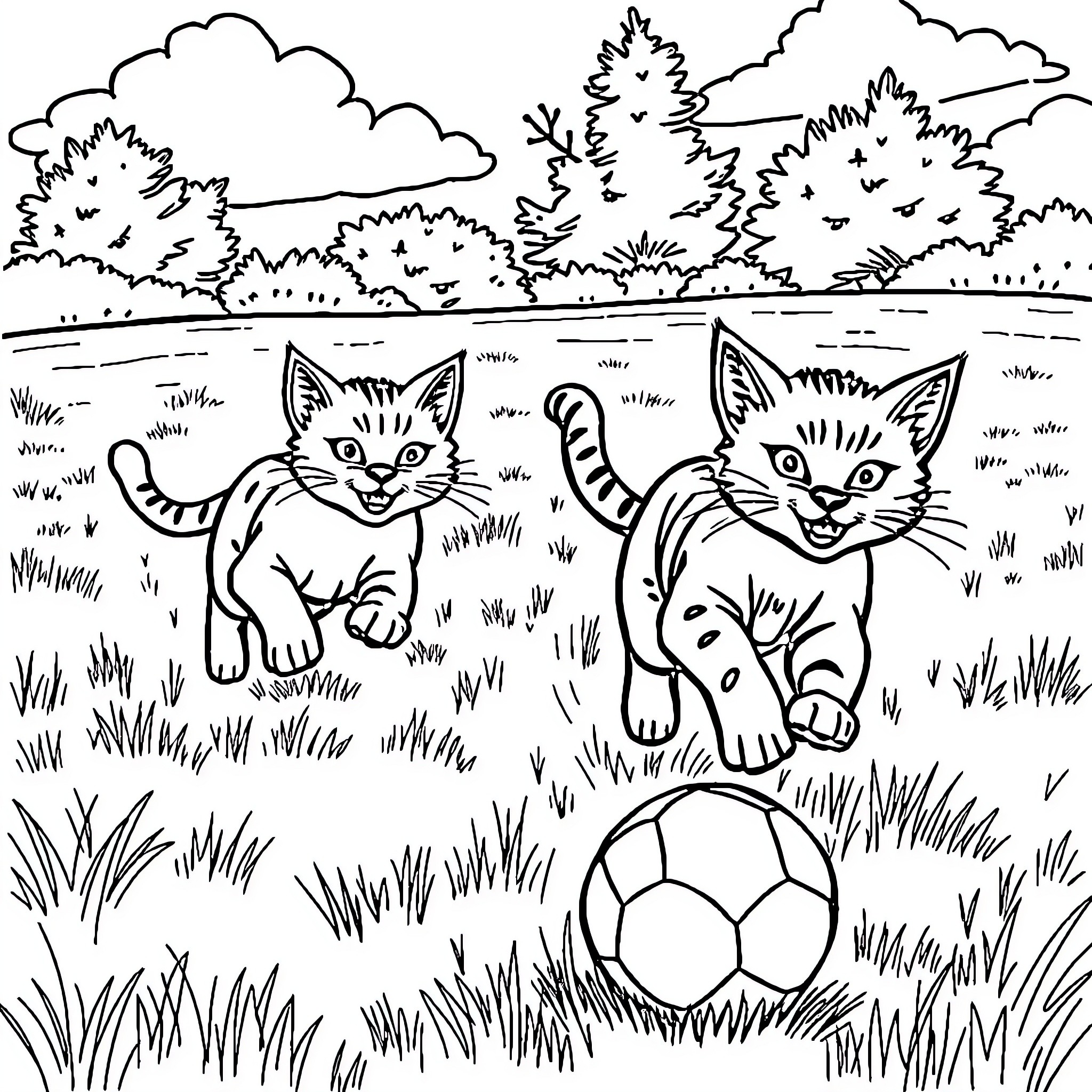 Wildcat friends playing in the meadow Coloring Page (free black-and-white line drawing printable PDF for all, from beginners to advanced learners, including children, teens, adults, and seniors)
