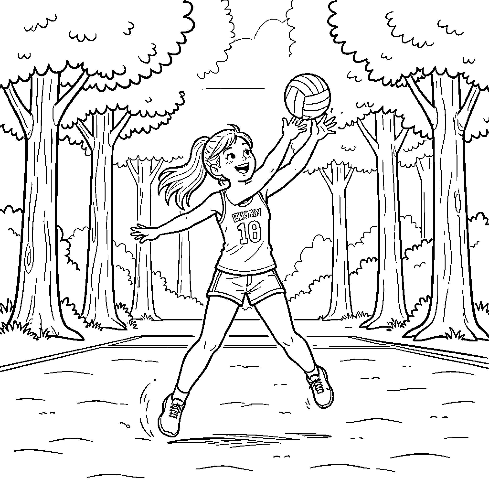 Girl playing volleyball in the forest Coloring Page (free black-and-white line drawing printable PDF for all, from beginners to advanced learners, including children, teens, adults, and seniors)