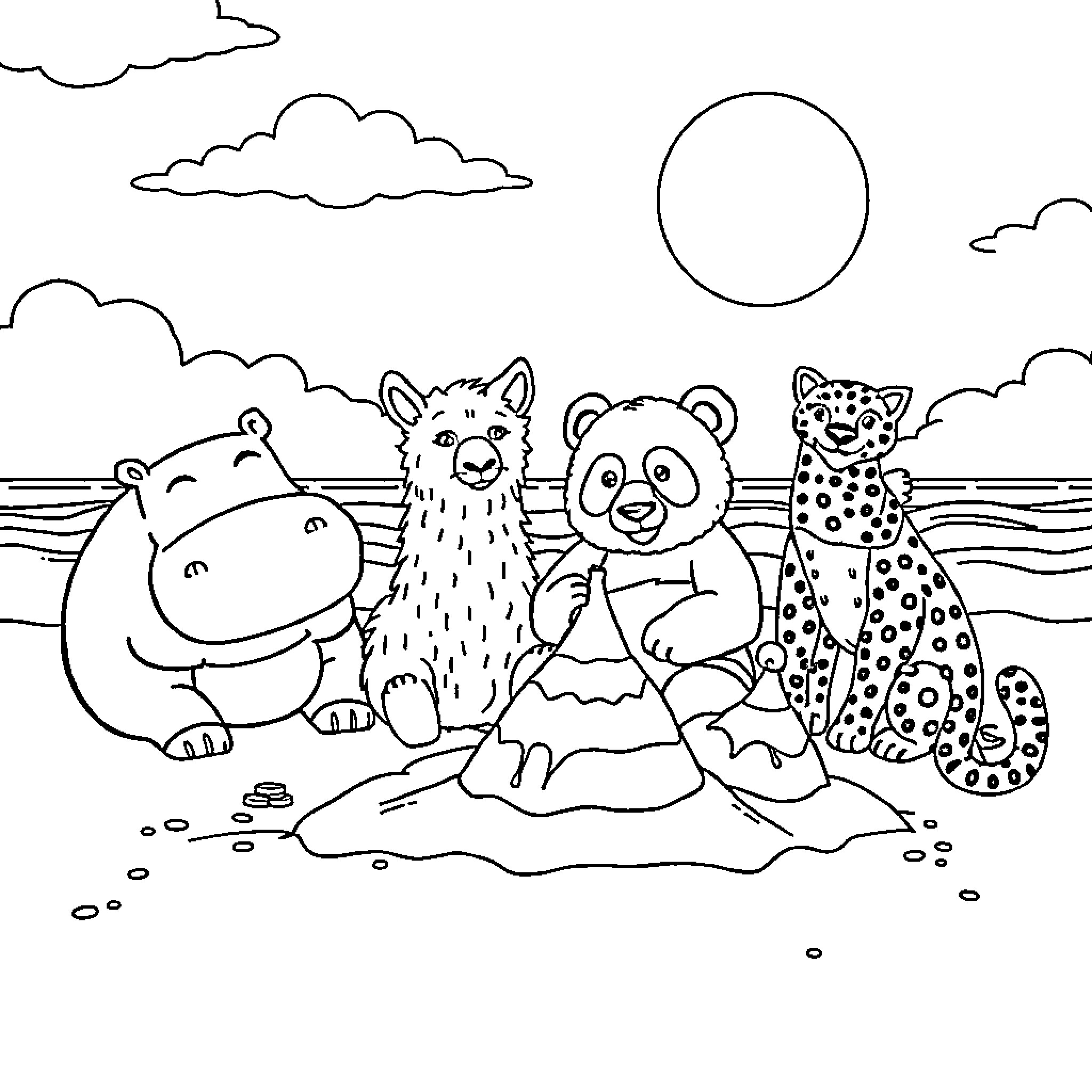 Animal friends enjoying a sunny day at the beach Coloring Page (free black-and-white line drawing printable PDF for all, from beginners to advanced learners, including children, teens, adults, and seniors)