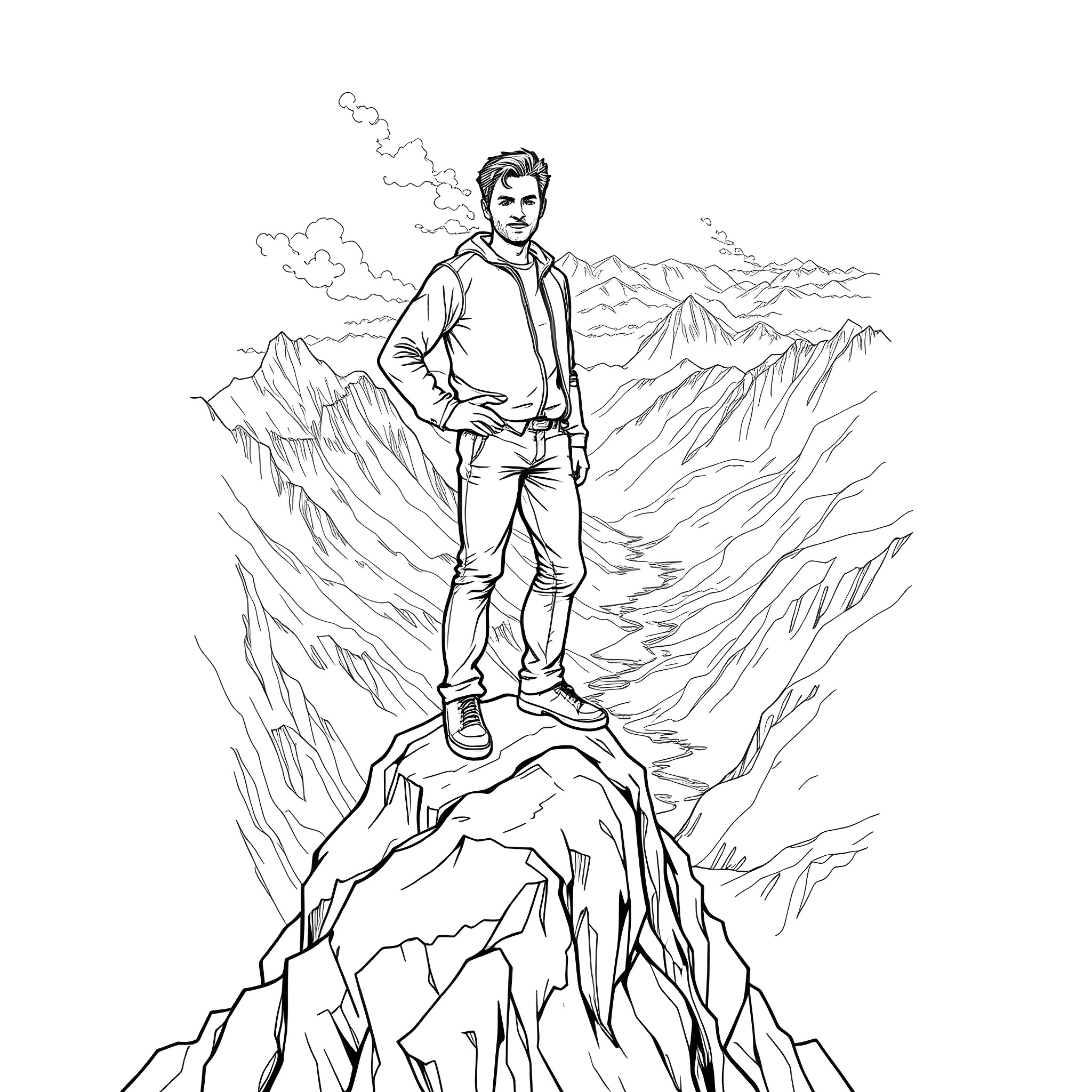 Lee Jennings standing atop a rocky mountain peak Coloring Page (free black-and-white line drawing printable PDF for all, from beginners to advanced learners, including children, teens, adults, and seniors)