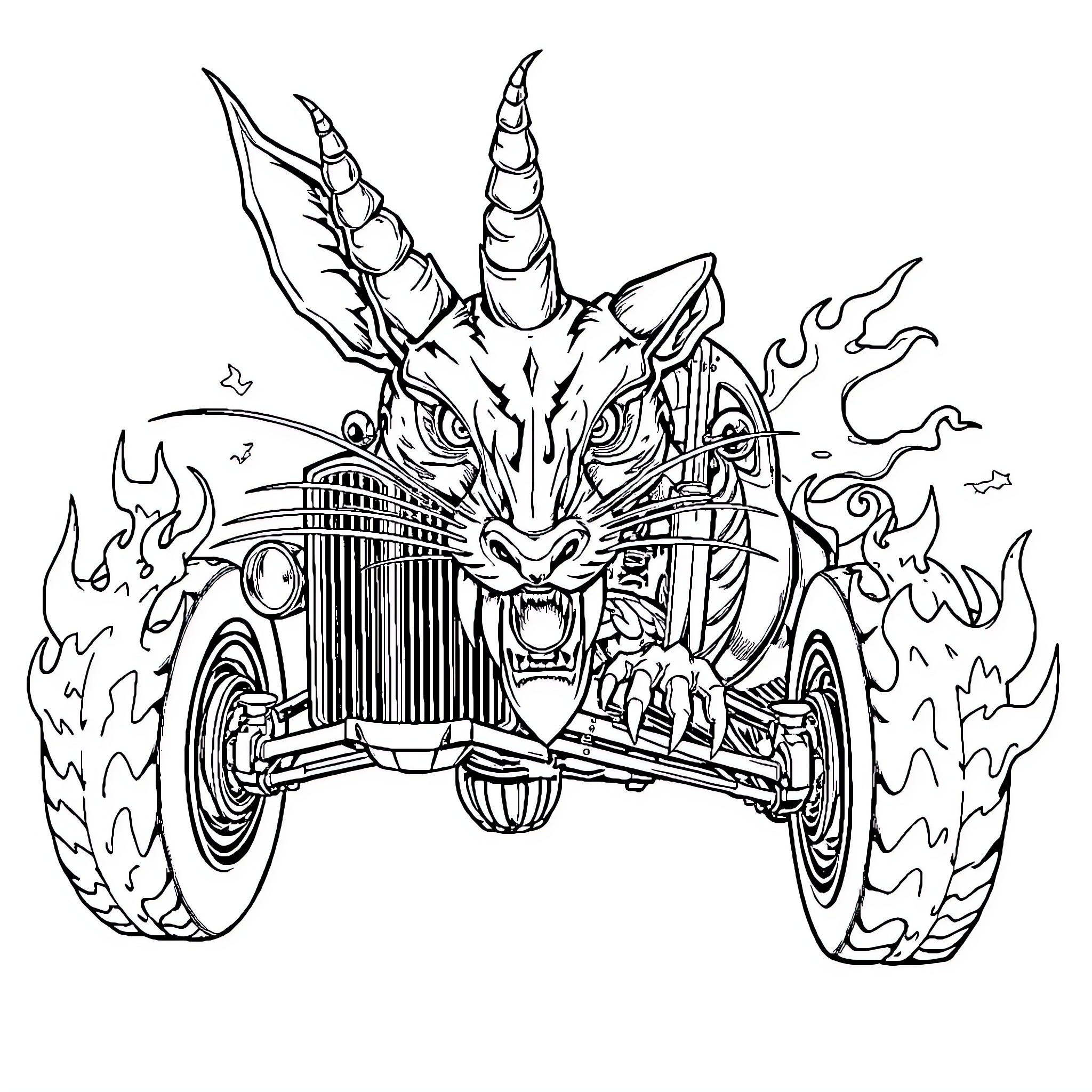 Ratrod monster truck with fierce dragon design Coloring Page (free black-and-white line drawing printable PDF for all, from beginners to advanced learners, including children, teens, adults, and seniors)