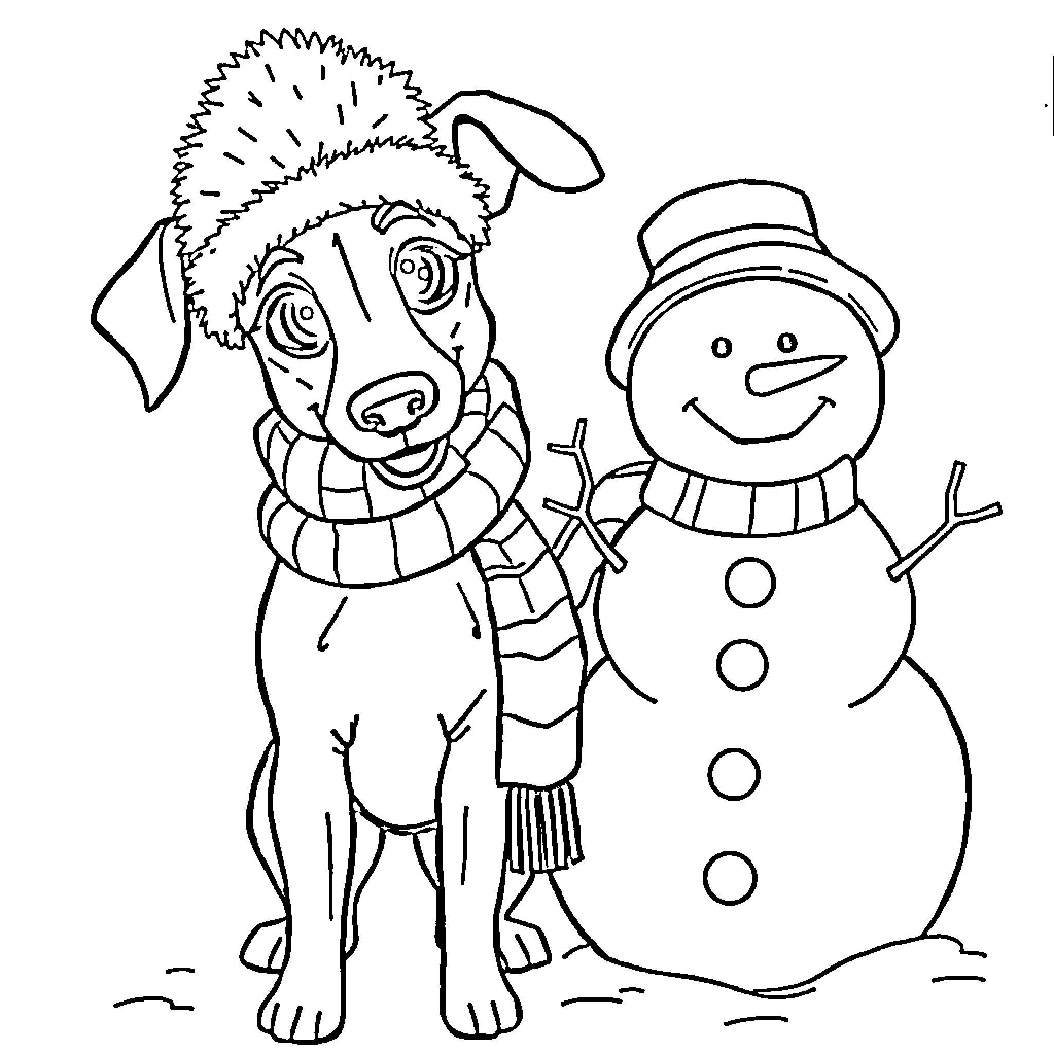 Greyhound and snowman having fun together Coloring Page (free black-and-white line drawing printable PDF for all, from beginners to advanced learners, including children, teens, adults, and seniors)