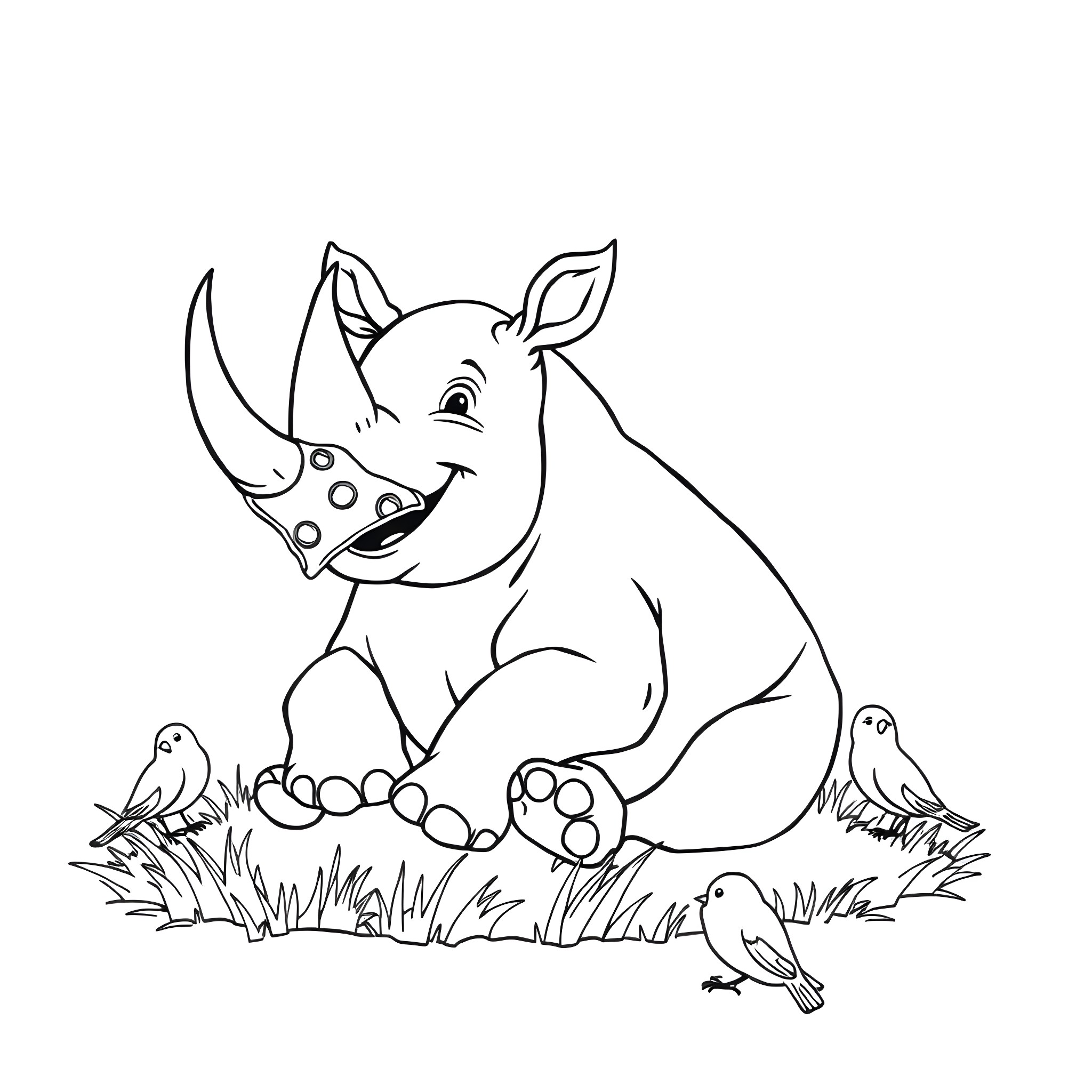 Rhino resting peacefully in the field Coloring Page (free black-and-white line drawing printable PDF for all, from beginners to advanced learners, including children, teens, adults, and seniors)