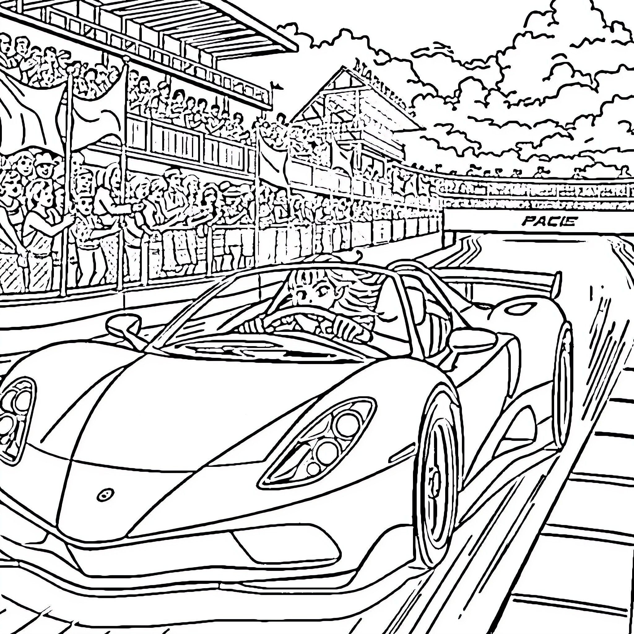 Girl watching an exciting car race at the stadium Coloring Page (free black-and-white line drawing printable PDF for all, from beginners to advanced learners, including children, teens, adults, and seniors)