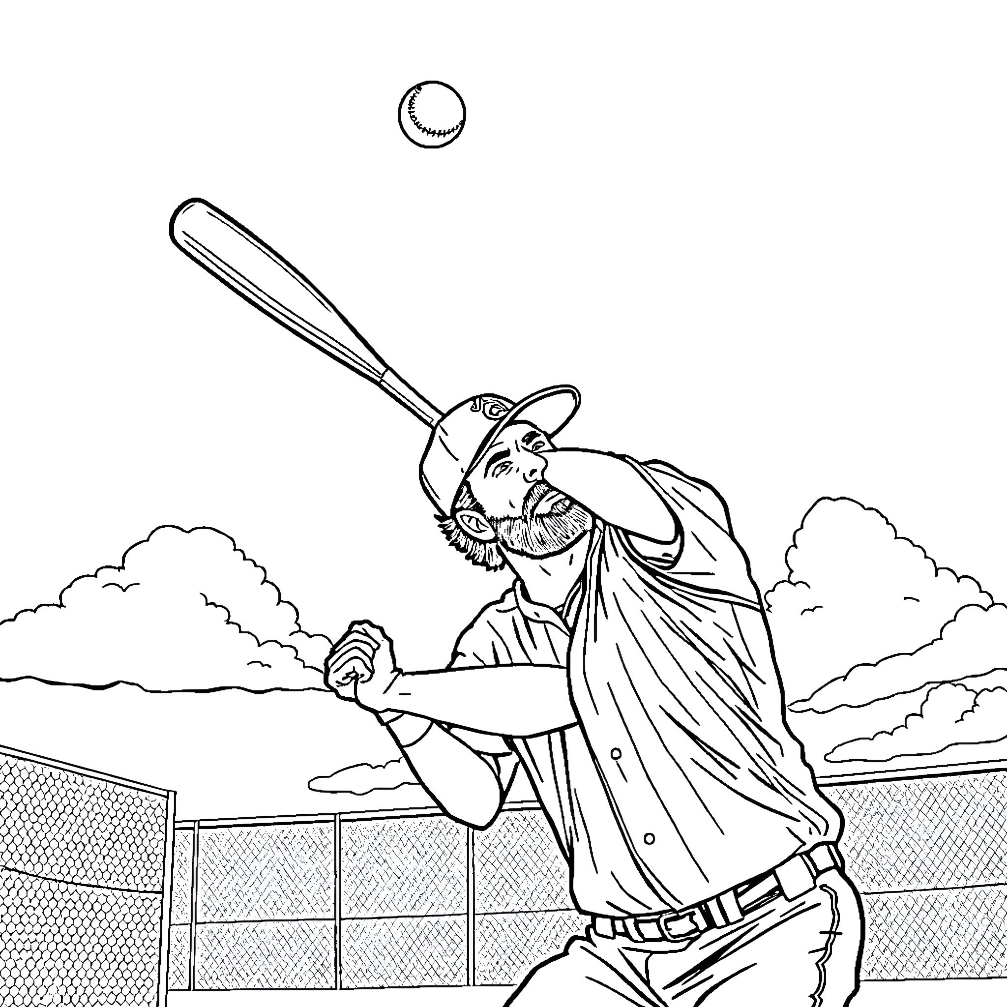 Danny McBride playing baseball on the field Coloring Page (free black-and-white line drawing printable PDF for all, from beginners to advanced learners, including children, teens, adults, and seniors)