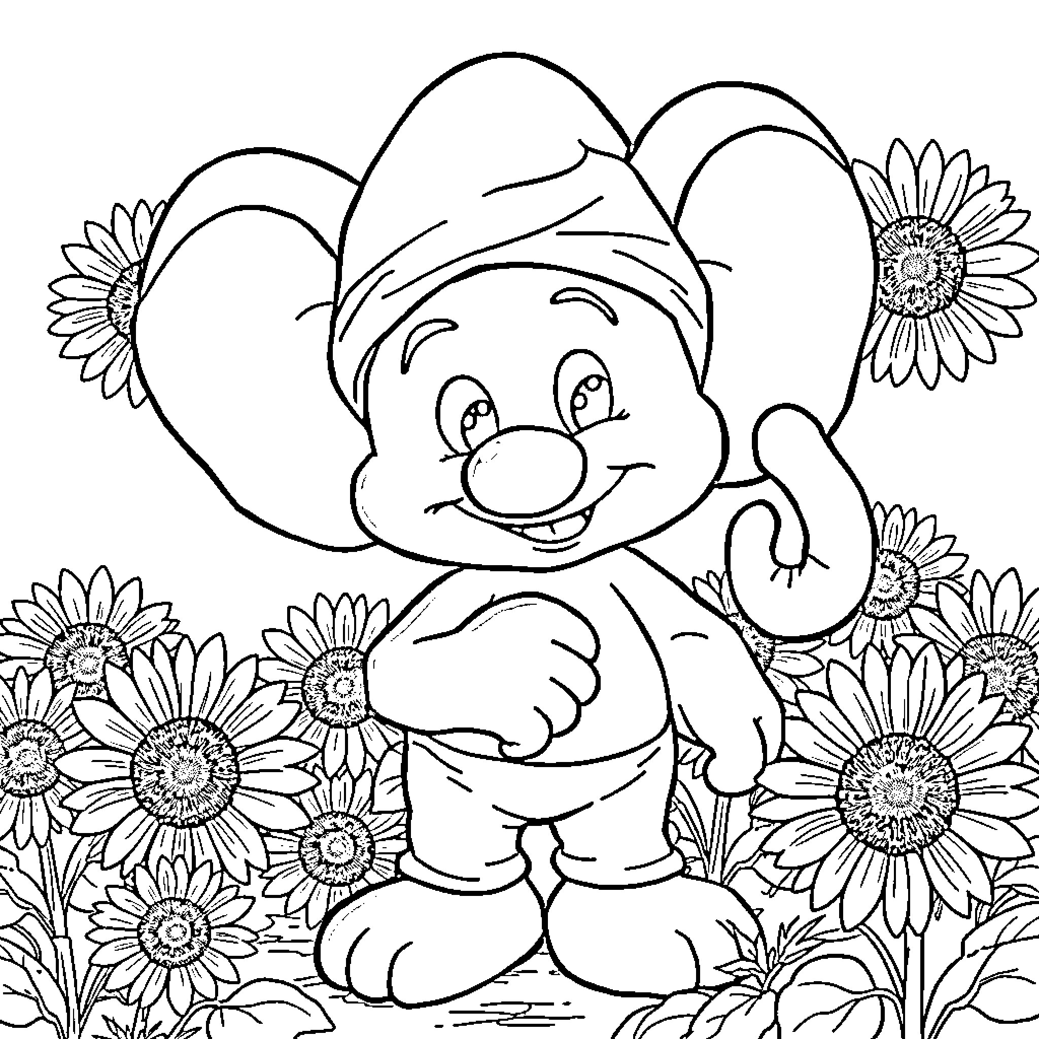 Elephant Figurine Surrounded by Sunflowers Coloring Page (free black-and-white line drawing printable PDF for all, from beginners to advanced learners, including children, teens, adults, and seniors)