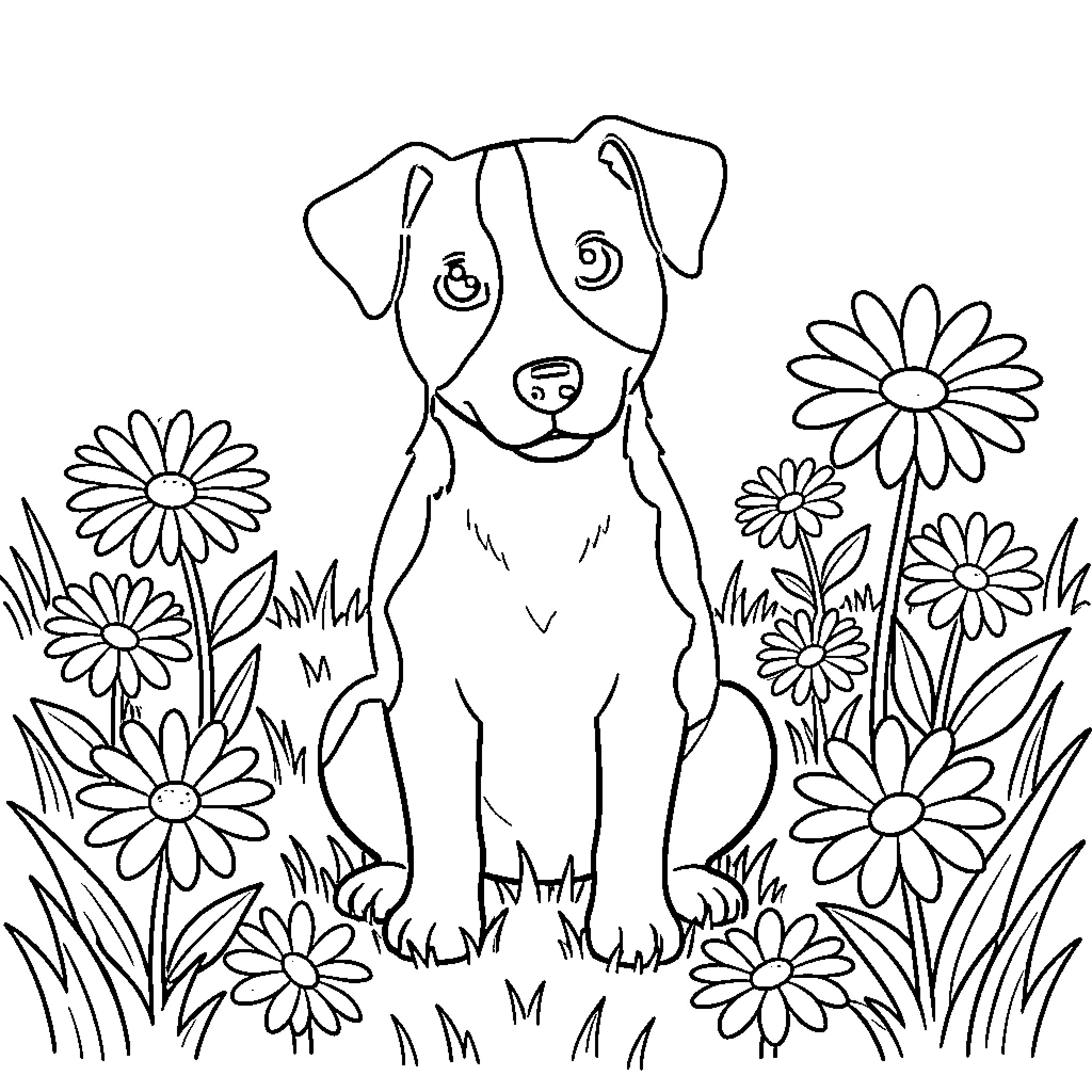 Jack Russell playing happily in the flower garden Coloring Page (free black-and-white line drawing printable PDF for all, from beginners to advanced learners, including children, teens, adults, and seniors)