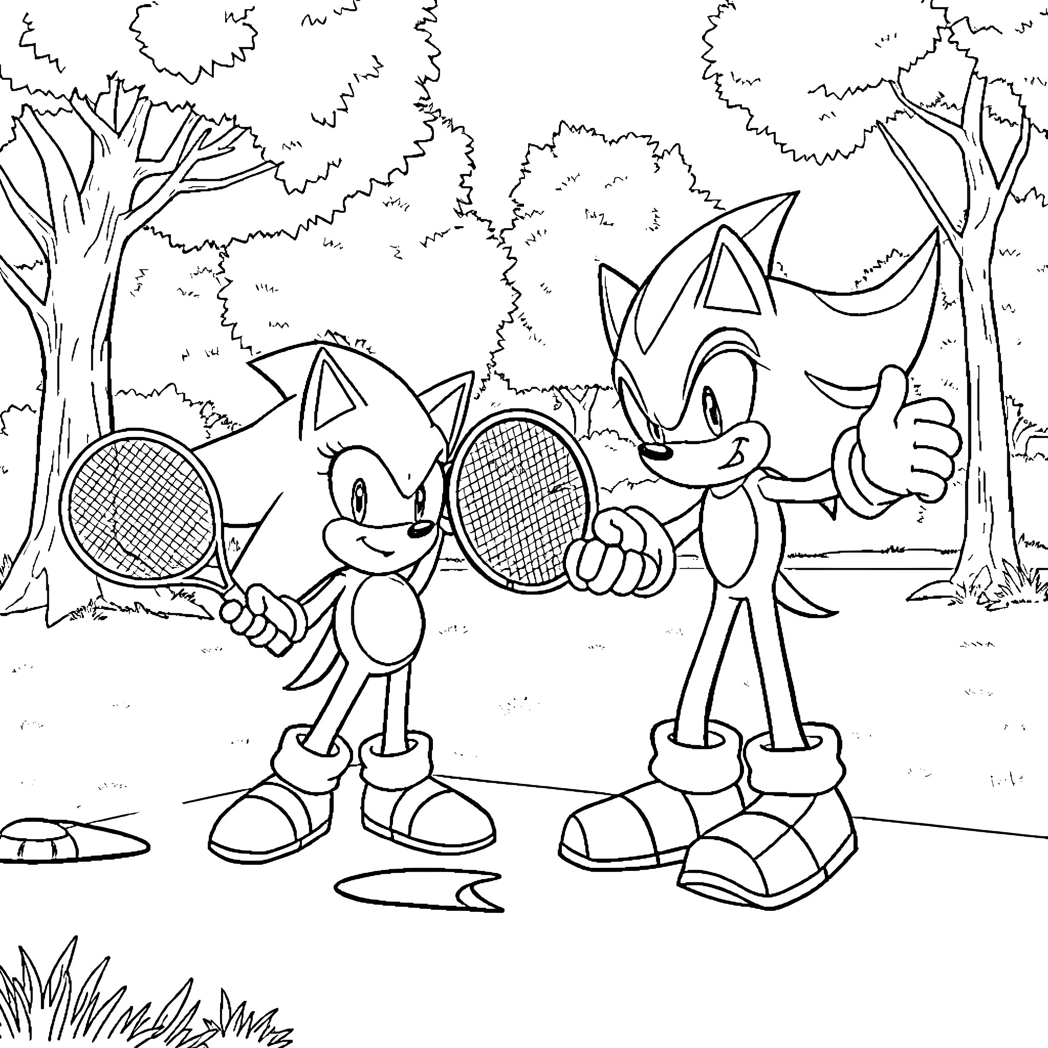 Sonic characters playing tennis in the forest Coloring Page (free black-and-white line drawing printable PDF for all, from beginners to advanced learners, including children, teens, adults, and seniors)