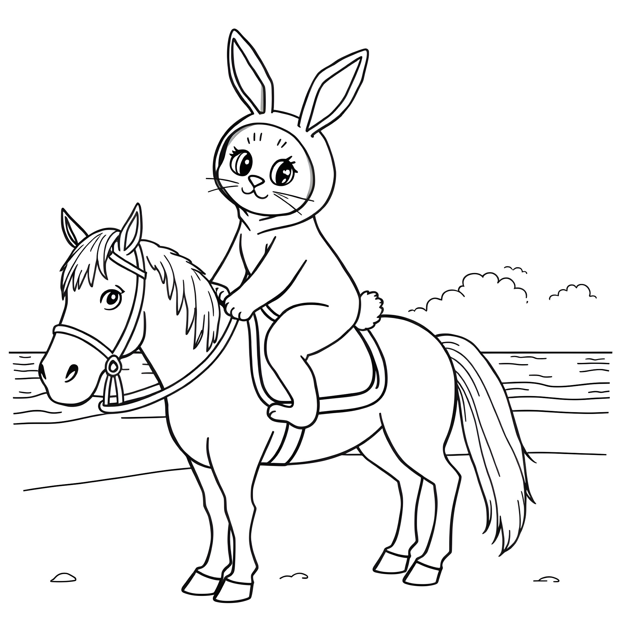 Cat riding a horse in the countryside Coloring Page (free black-and-white line drawing printable PDF for all, from beginners to advanced learners, including children, teens, adults, and seniors)