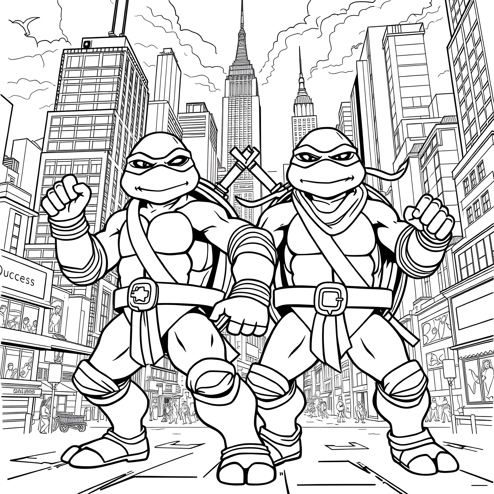 Bluey's Ninja Adventure in the City Coloring Page (free black-and-white line drawing printable PDF for all, from beginners to advanced learners, including children, teens, adults, and seniors)