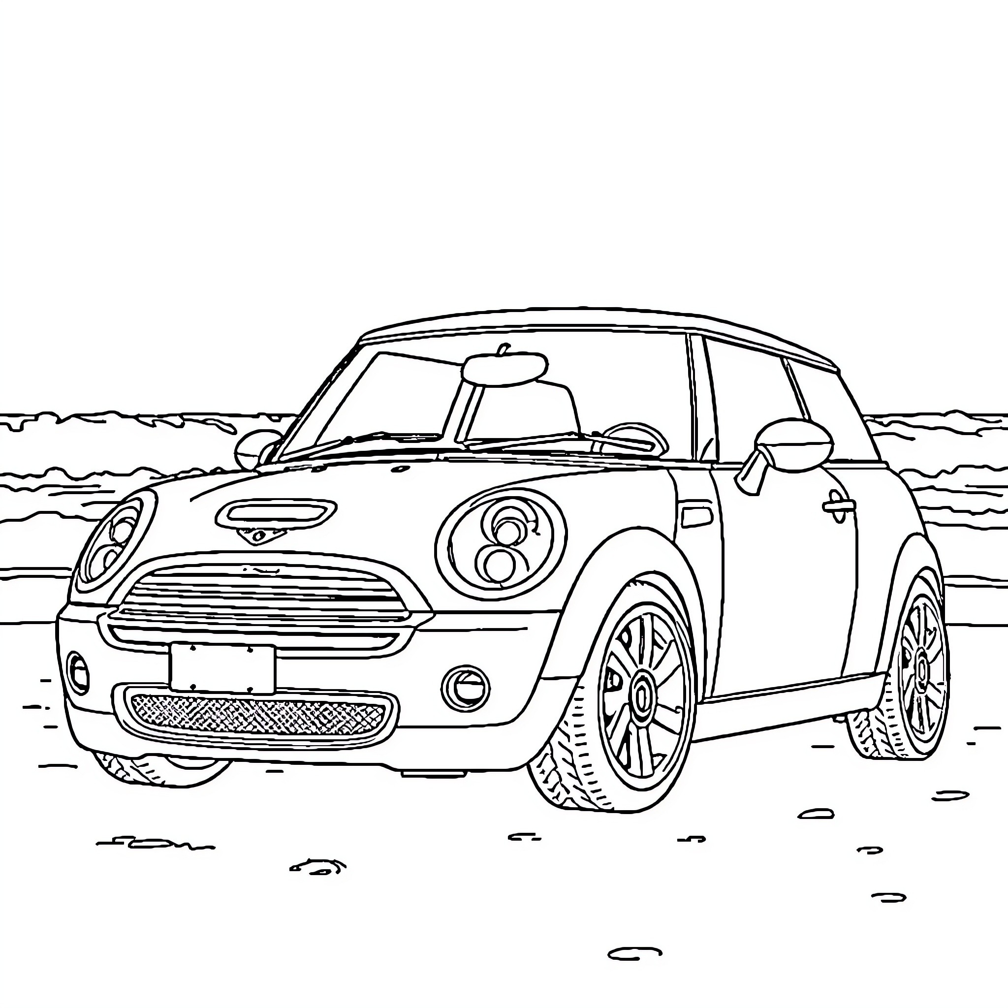 Mini Cooper on the beach Coloring Page (free black-and-white line drawing printable PDF for all, from beginners to advanced learners, including children, teens, adults, and seniors)