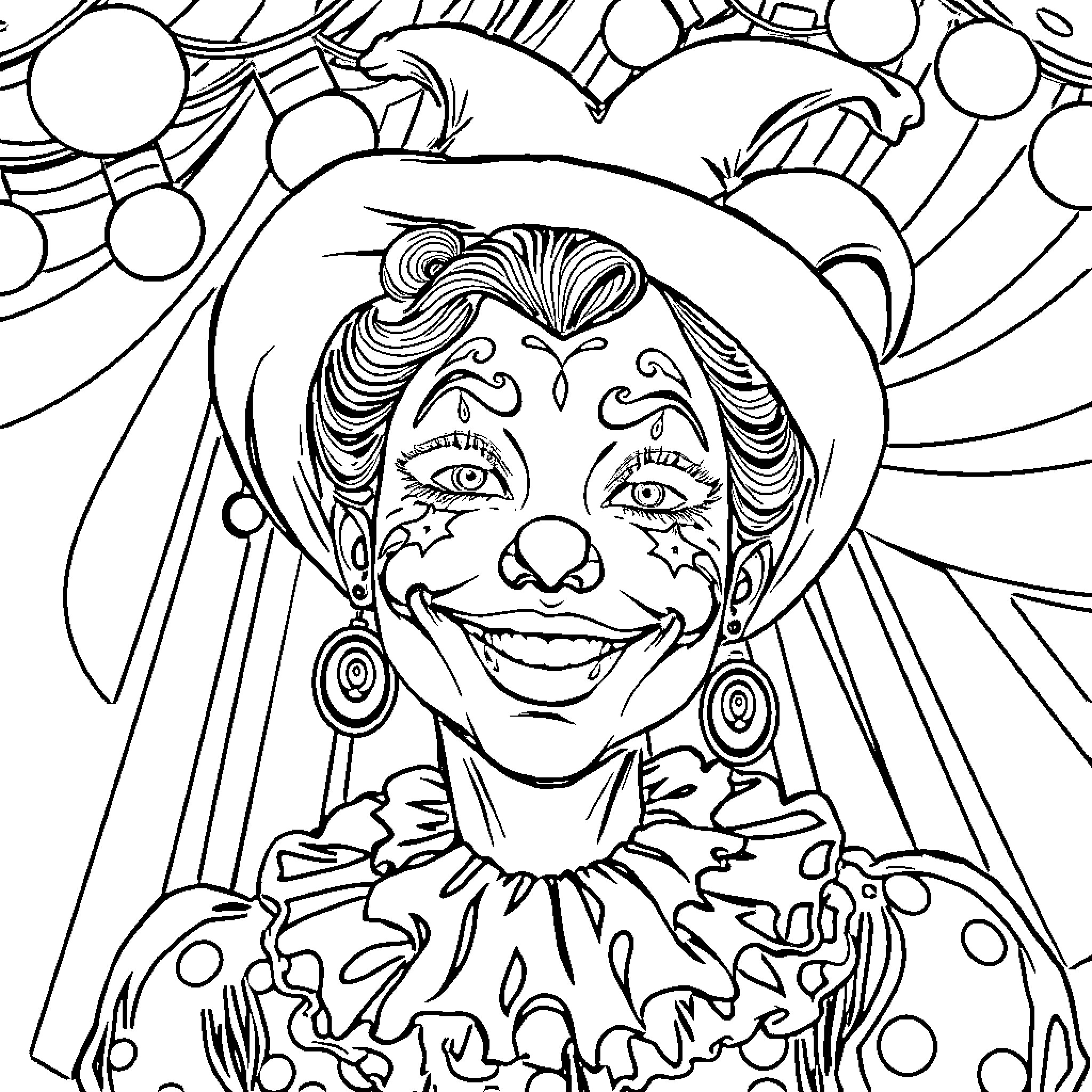 Clown with vibrant makeup and expressive face Coloring Page (free black-and-white line drawing printable PDF for all, from beginners to advanced learners, including children, teens, adults, and seniors)