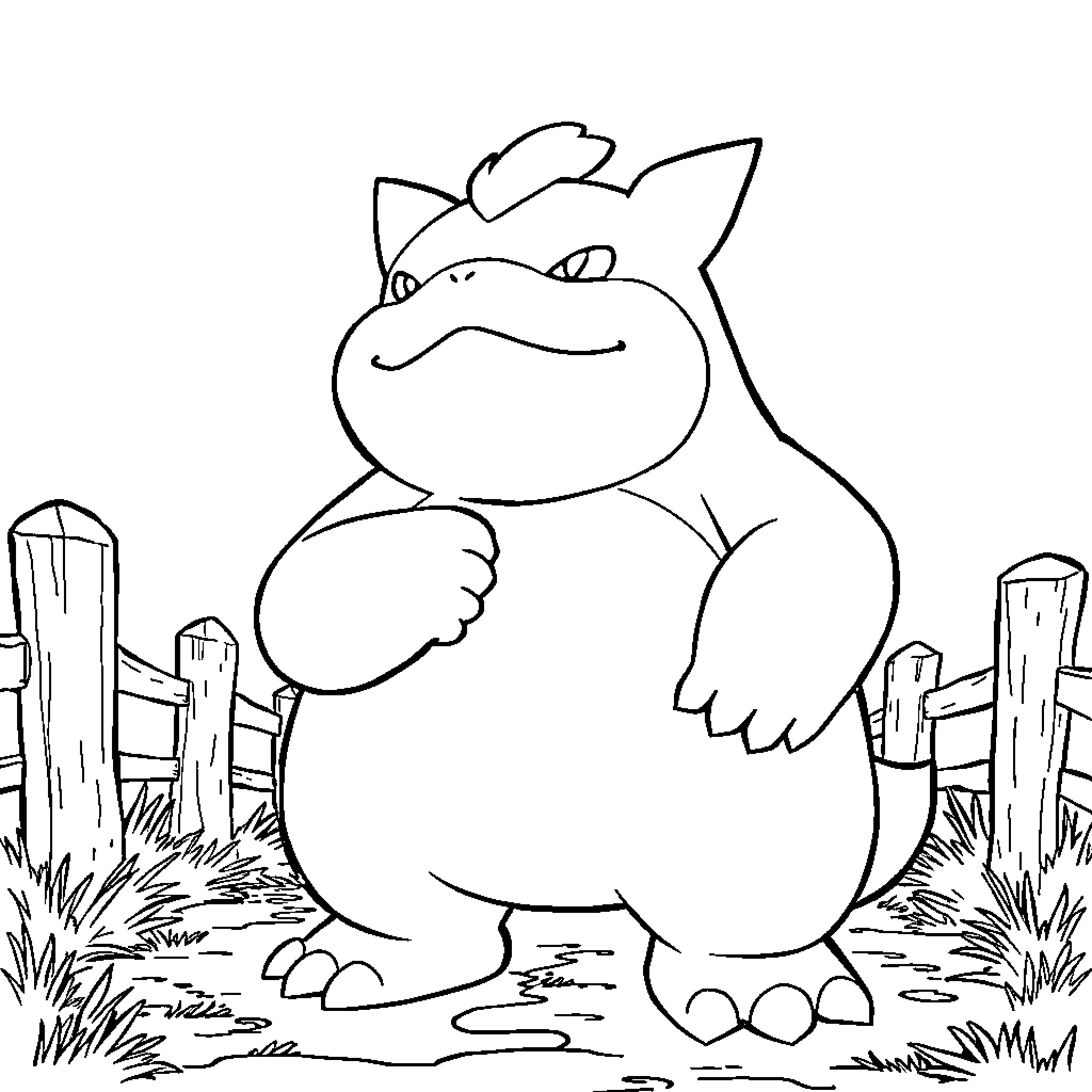 Snorlax resting peacefully in the countryside Coloring Page (free black-and-white line drawing printable PDF for all, from beginners to advanced learners, including children, teens, adults, and seniors)