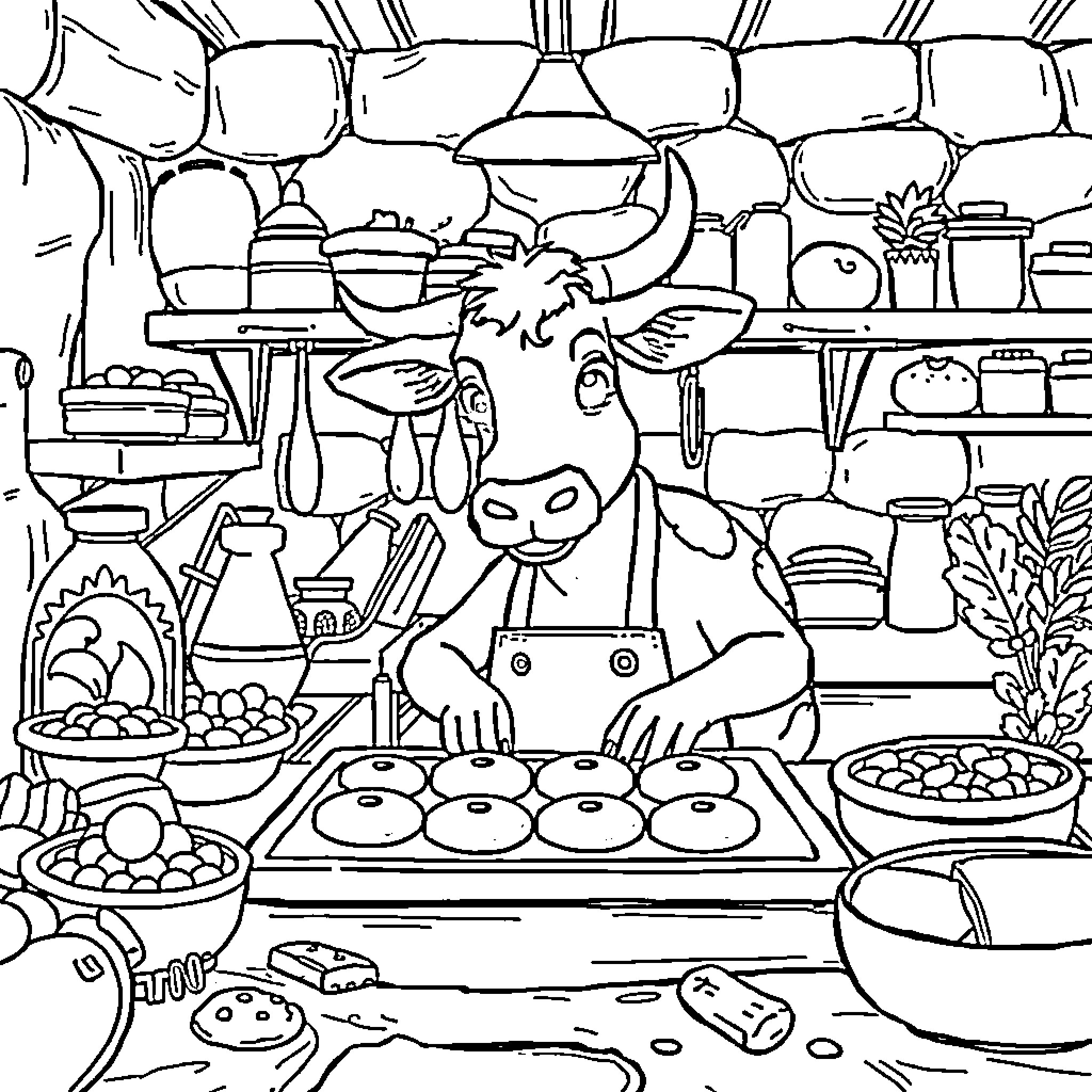 Clarabel the Cow in the Kitchen Coloring Page (free black-and-white line drawing printable PDF for all, from beginners to advanced learners, including children, teens, adults, and seniors)