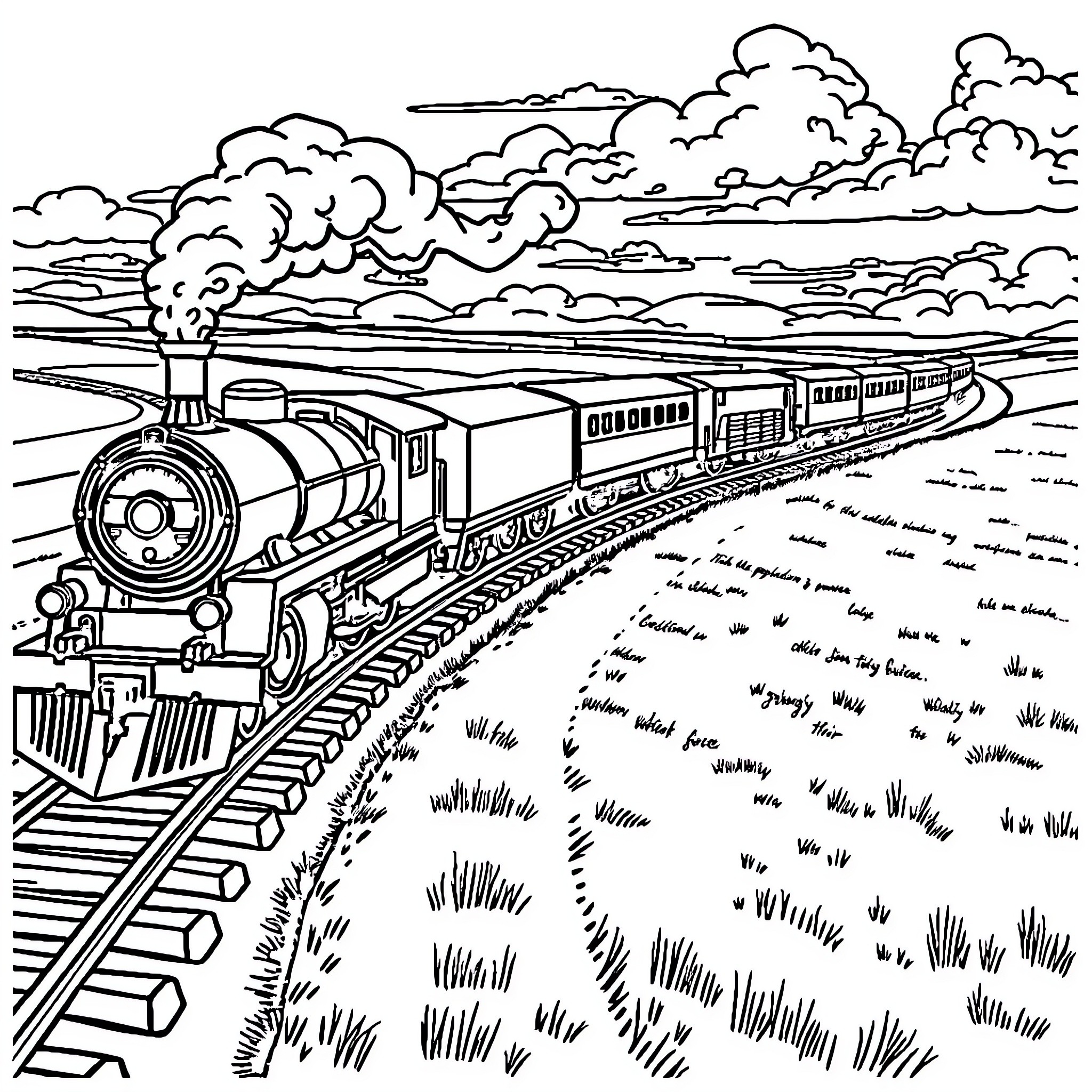 Train speeding through the countryside Coloring Page (free black-and-white line drawing printable PDF for all, from beginners to advanced learners, including children, teens, adults, and seniors)