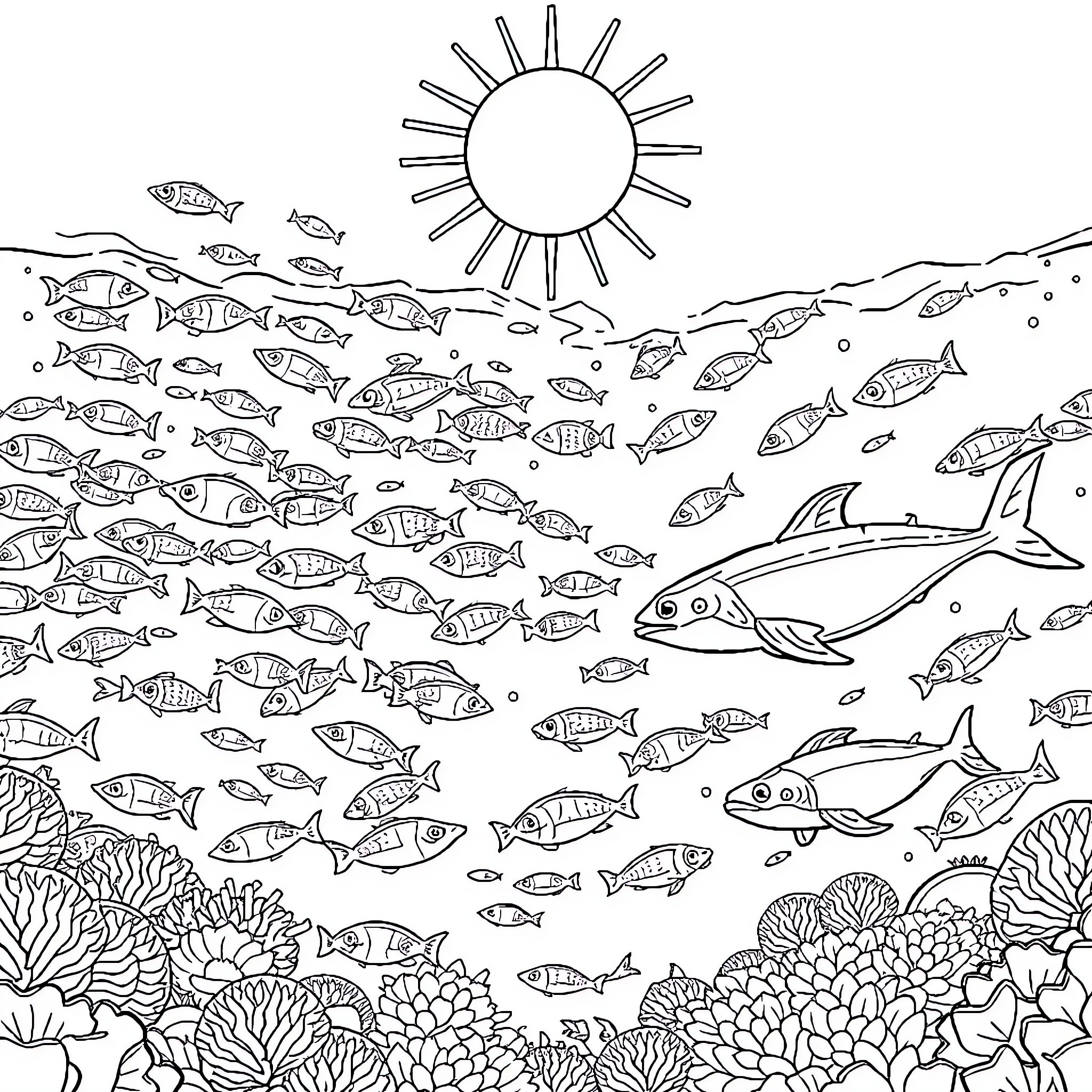 Fish swimming in the ocean under the sun Coloring Page (free black-and-white line drawing printable PDF for all, from beginners to advanced learners, including children, teens, adults, and seniors)