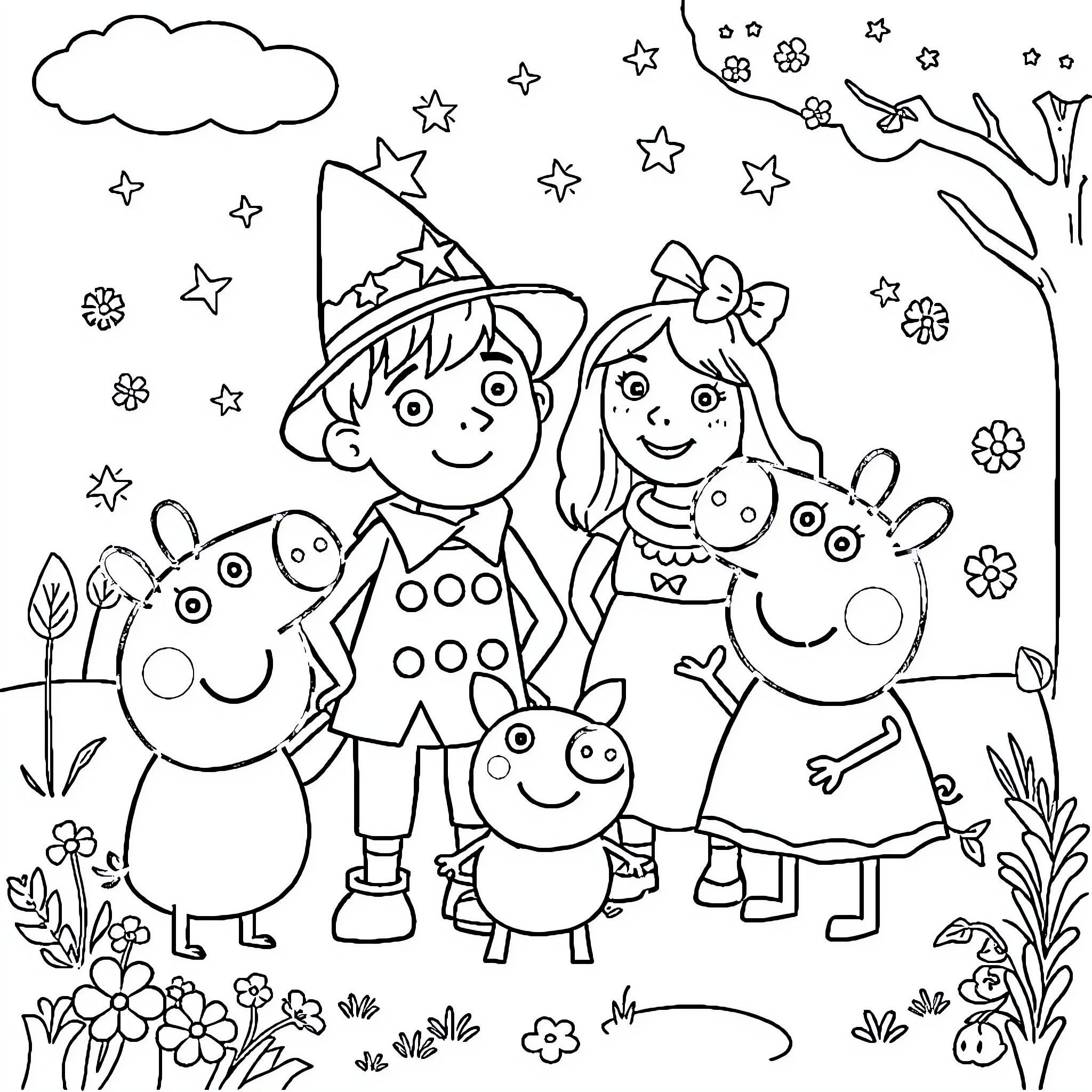 Ben and Holly playing with friends in a magical forest Coloring Page (free black-and-white line drawing printable PDF for all, from beginners to advanced learners, including children, teens, adults, and seniors)