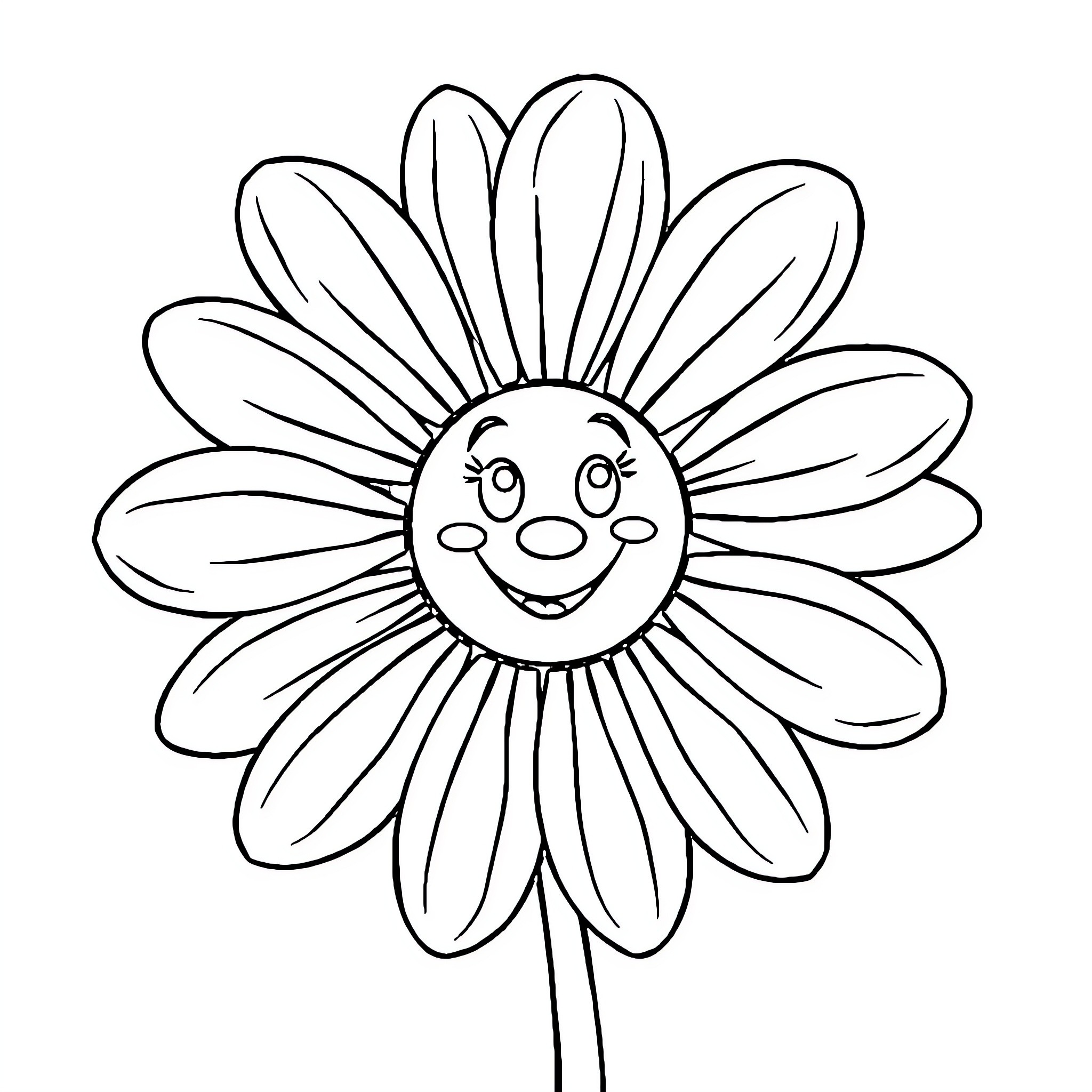 Daisy flower with a cheerful expression Coloring Page (free black-and-white line drawing printable PDF for all, from beginners to advanced learners, including children, teens, adults, and seniors)