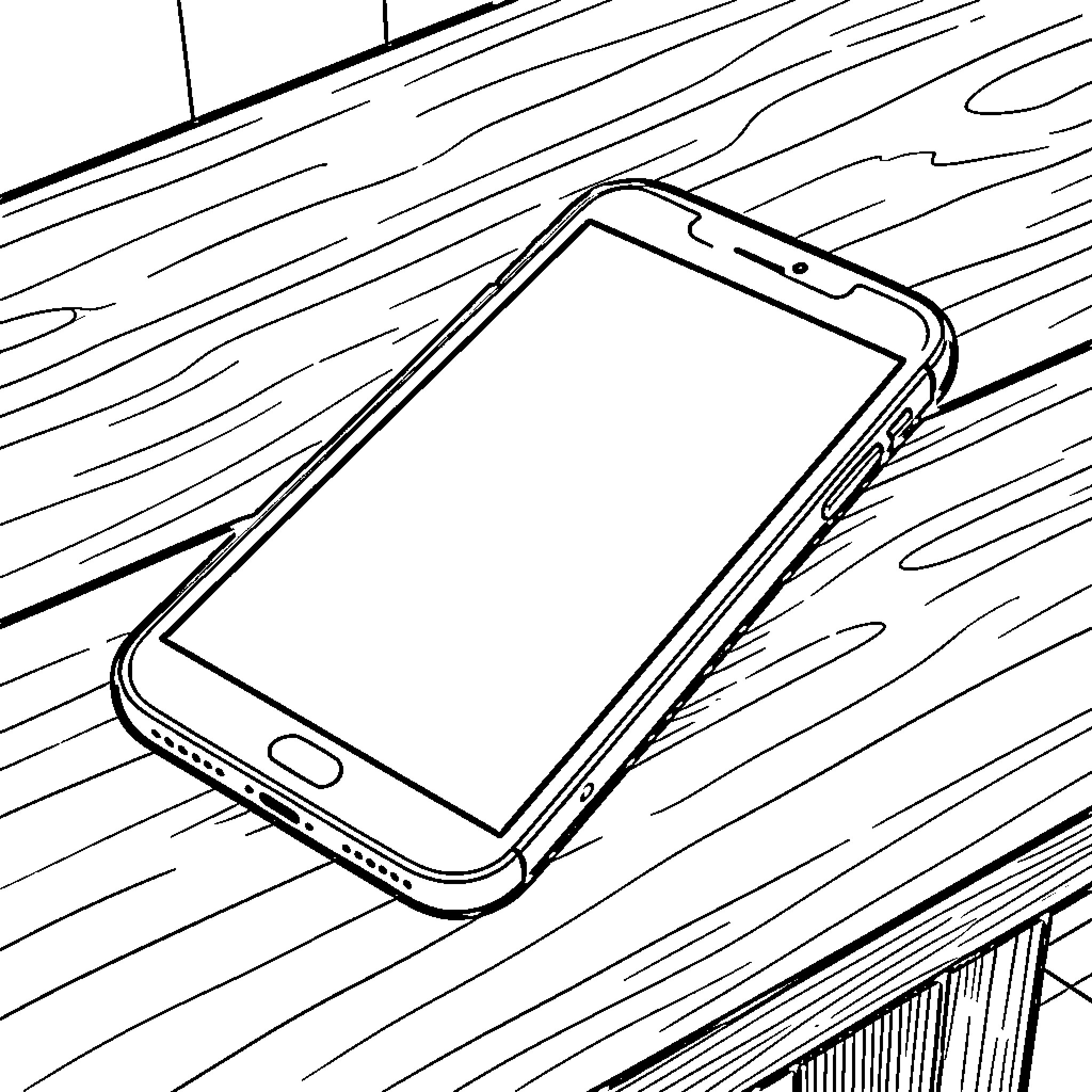 Smartphone on wooden surface Coloring Page (free black-and-white line drawing printable PDF for all, from beginners to advanced learners, including children, teens, adults, and seniors)