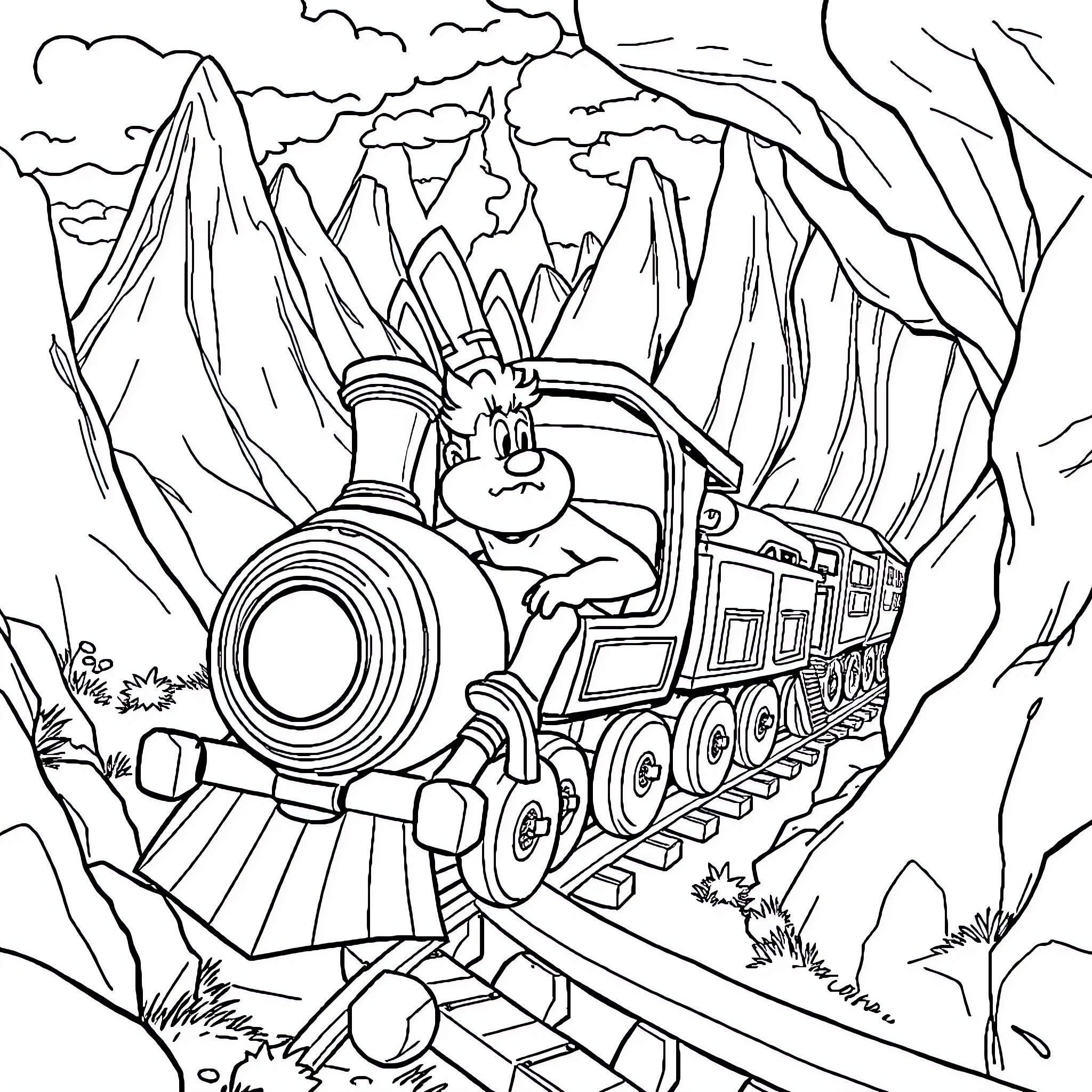Asterix's Exciting Train Ride Through the Mountains Coloring Page (free black-and-white line drawing printable PDF for all, from beginners to advanced learners, including children, teens, adults, and seniors)