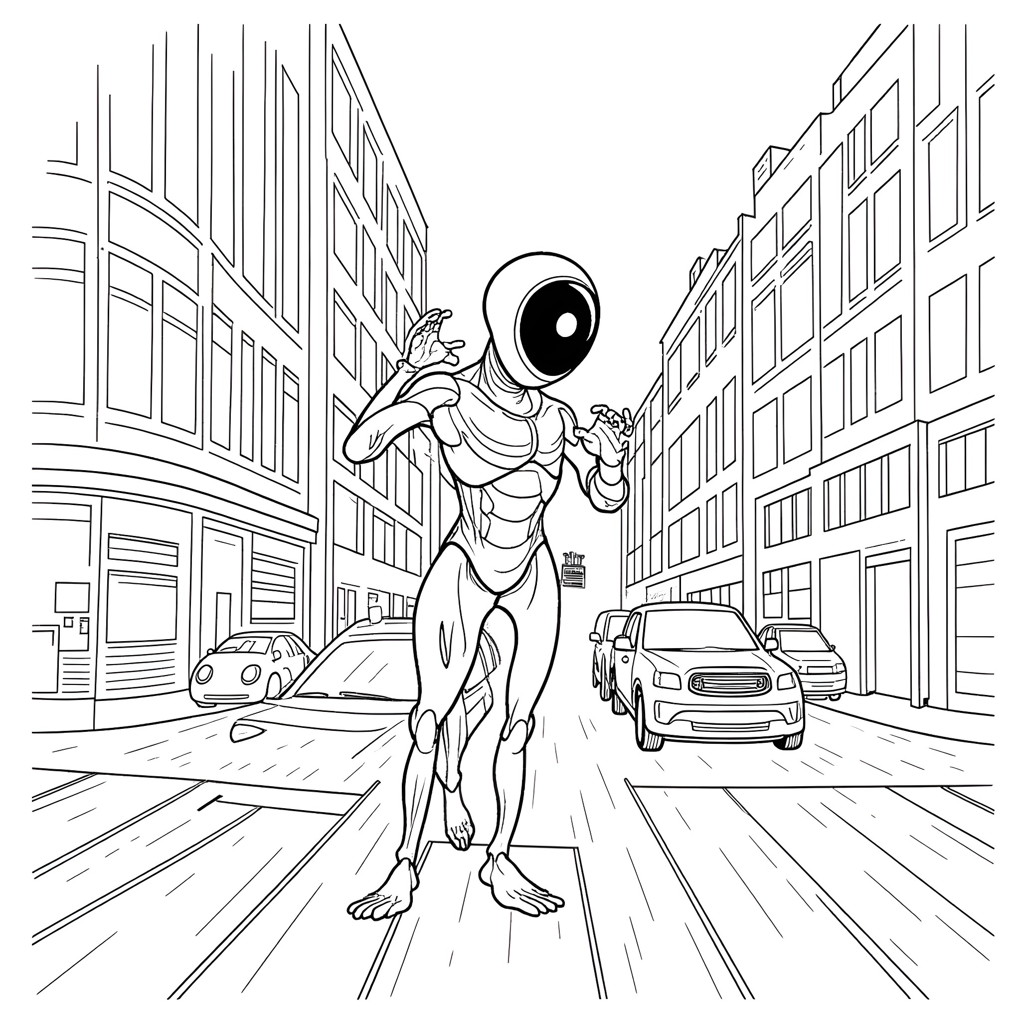 Covenant: Alien figure in a modern city Coloring Page (free black-and-white line drawing printable PDF for all, from beginners to advanced learners, including children, teens, adults, and seniors)