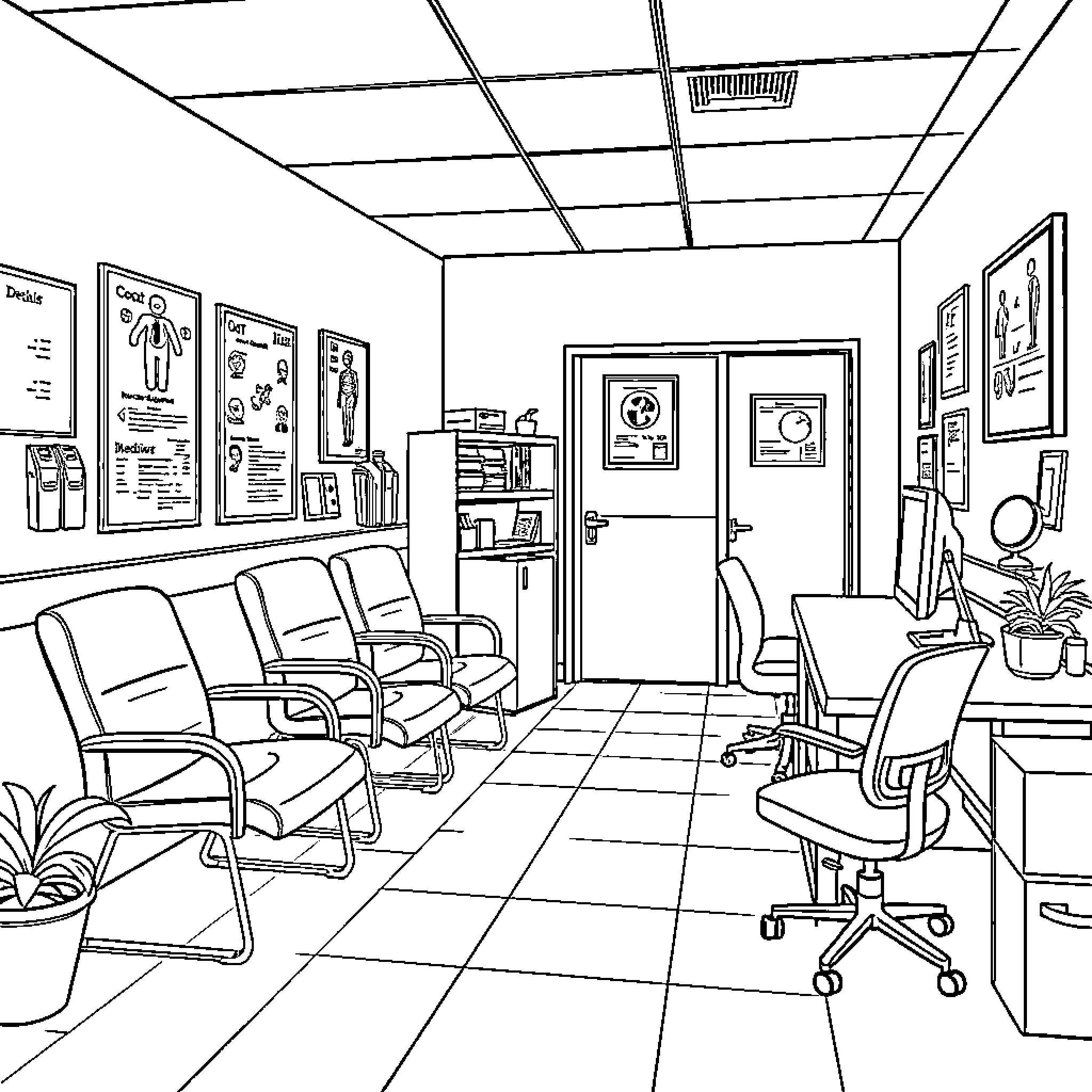 Doctor's Examination Room with Medical Displays Coloring Page (free black-and-white line drawing printable PDF for all, from beginners to advanced learners, including children, teens, adults, and seniors)