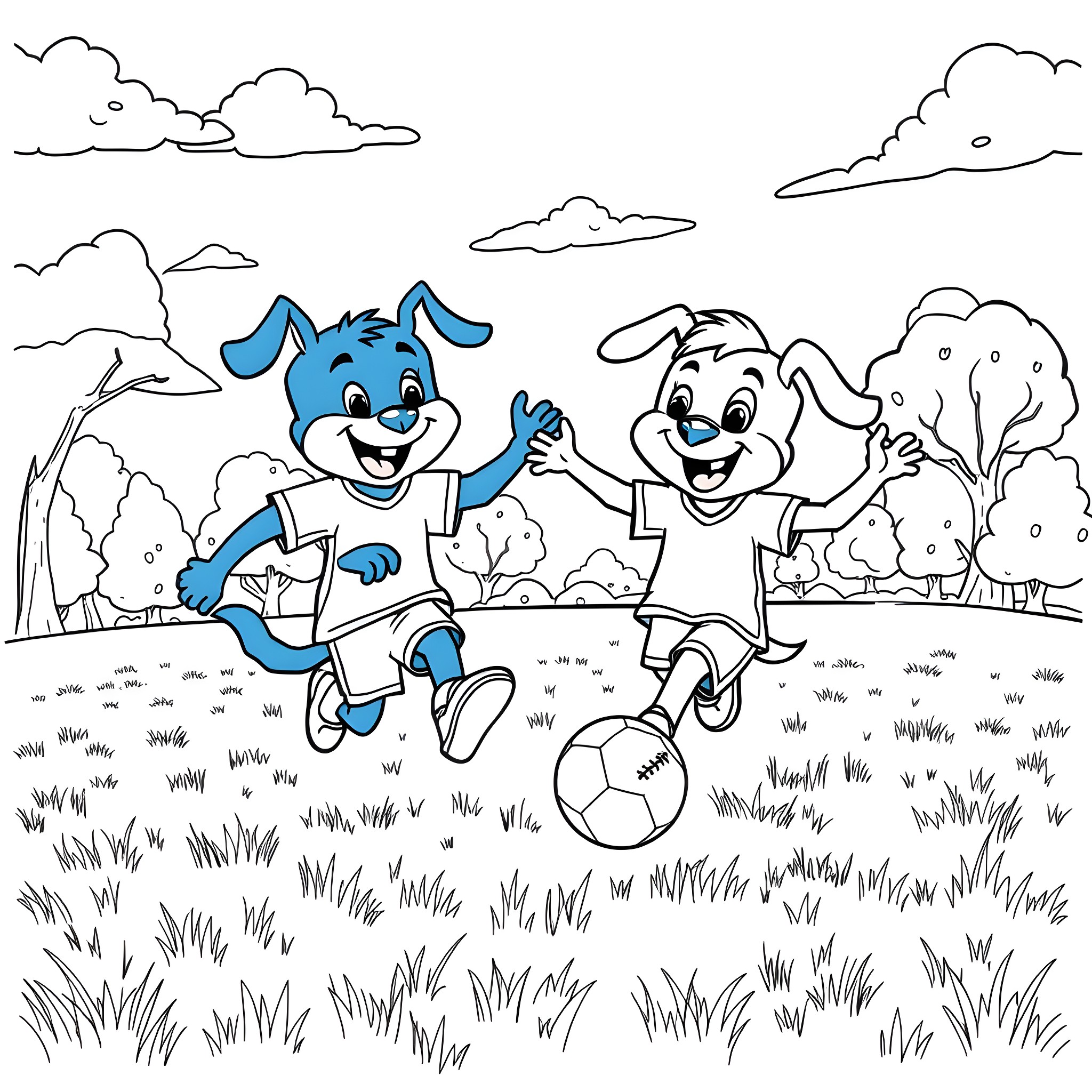 Bluey and friends playing soccer in the park Coloring Page (free black-and-white line drawing printable PDF for all, from beginners to advanced learners, including children, teens, adults, and seniors)