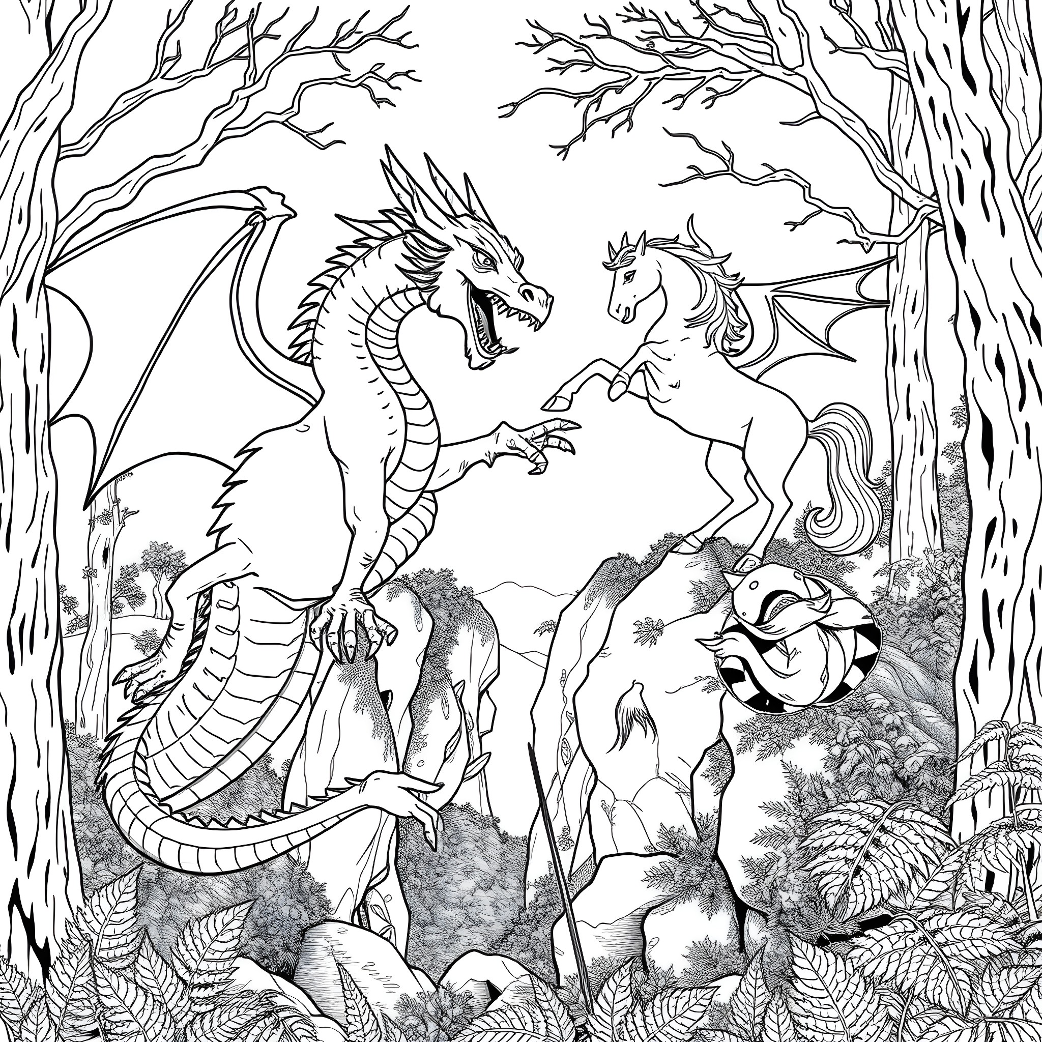 Dragon and Mythical Creature Encounter in the Forest Coloring Page (free black-and-white line drawing printable PDF for all, from beginners to advanced learners, including children, teens, adults, and seniors)