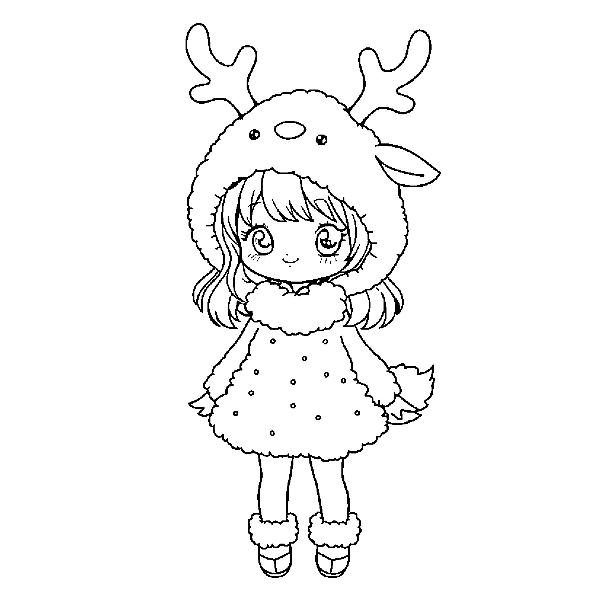 Girl wearing a cute reindeer costume Coloring Page (free black-and-white line drawing printable PDF for all, from beginners to advanced learners, including children, teens, adults, and seniors)
